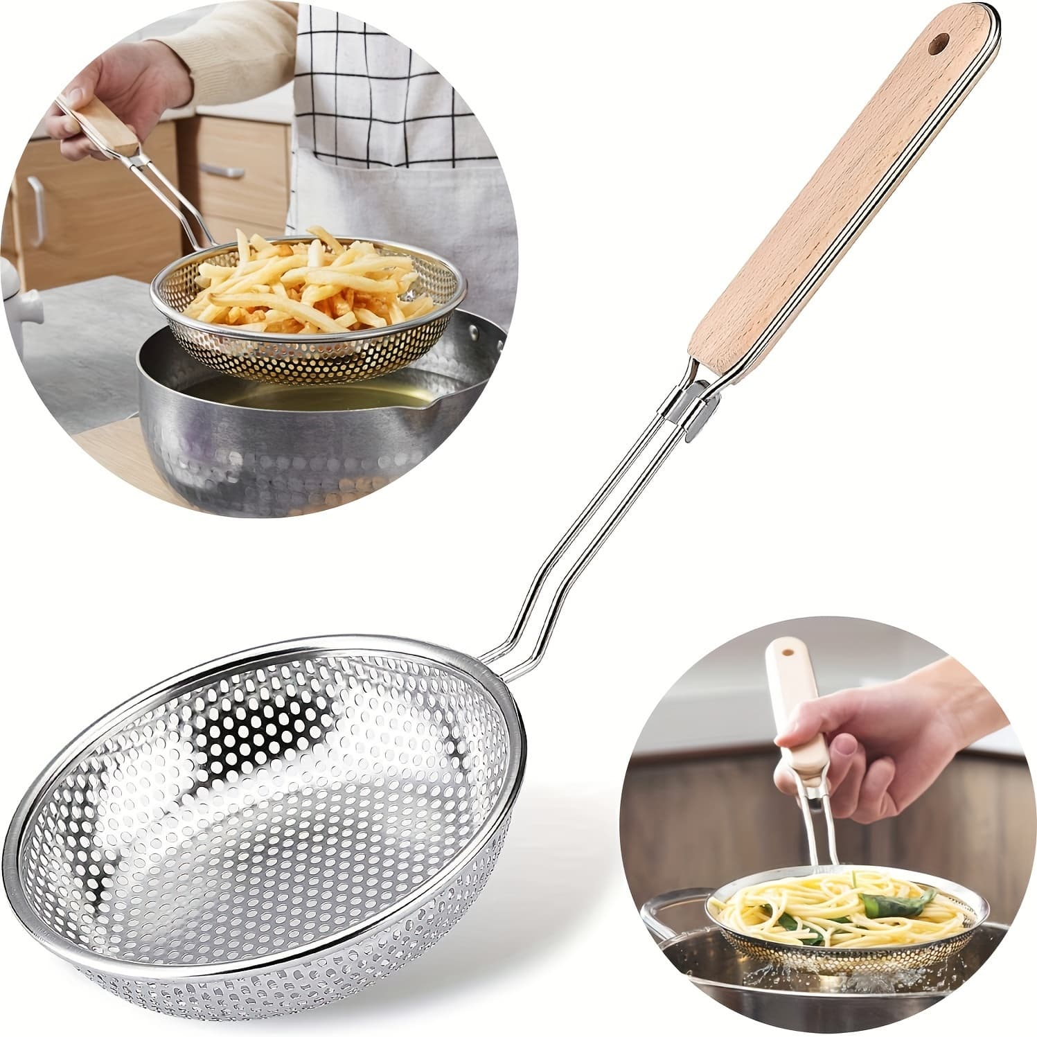 TEMU Premium Stainless Steel Colander With Wooden Handle - Fine Mesh Skimmer Spoon For Cooking, Food Prep & Grease Filtering - Ideal For Pasta & Noodles, Perfect For Home Kitchens & Restaurants