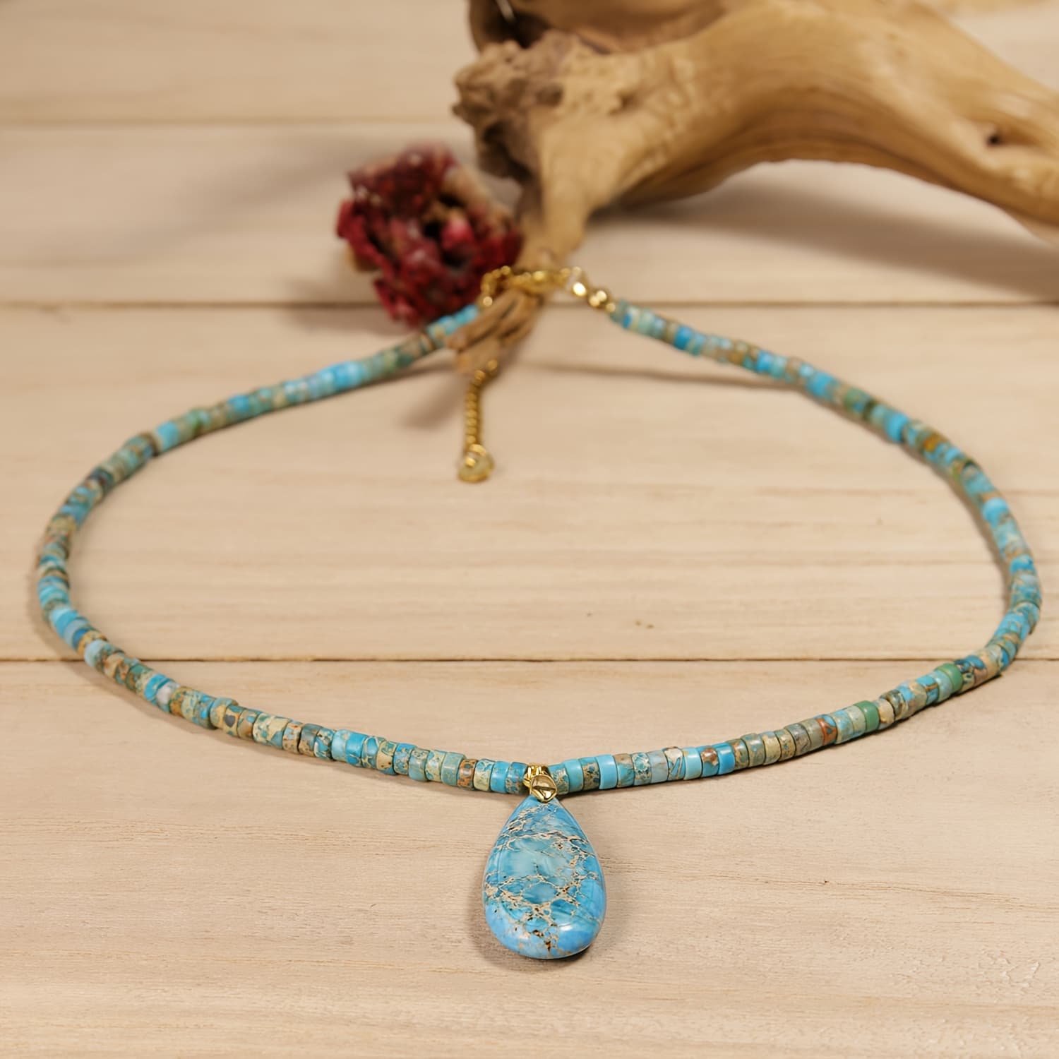 TEMU Natural Stone New Autumn - Winter Bohemian Style Turquoise Beaded Choker: Exquisite Turquoise Teardrop Pendant Beaded Necklace, Ideal For Business Occasions, Music Festivals And