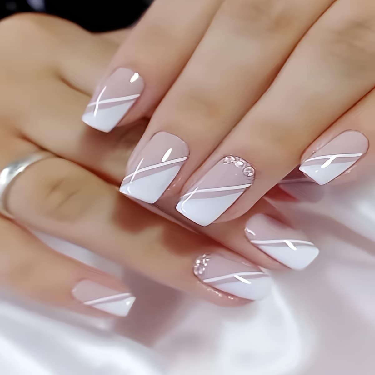 TEMU 24pcs Half French Square Fake Nails With Jelly Glue & Nail File - Pre-made Press-on Tips, & Base, Easy Application For Diy Manicure, Parties, Weddings, Prom - Glossy Artificial Nails