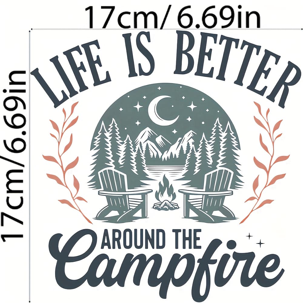 TEMU 3pcs For Enthusiasts - Washable Iron-on Heat Transfer Stickers With " Around The Campfire" Design, Pine Trees & Campfire Scene - Decals For T-shirts, Jeans, Backpacks, Masks, Luggage, Additions