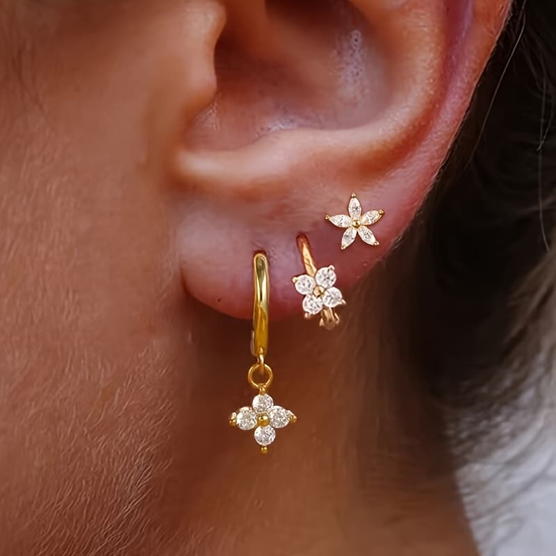TEMU 3pcs Inlaid Synthetic Zirconia Flower Copper Earring Set, Suitable For Women' Banquets And Vacation Wear