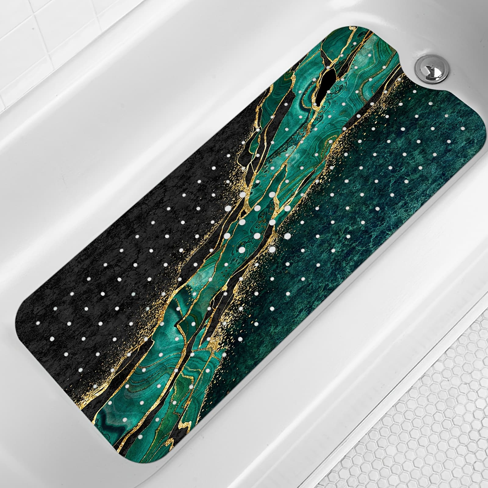 TEMU Marble Dark Green Bath Tub Mat Non Slip, Extra Long 40 X 16 Inch Anti Slip Mat For Bathtub, Abstract Black Shower Mat With Drain Holes And Suction Cups, Machine Washable