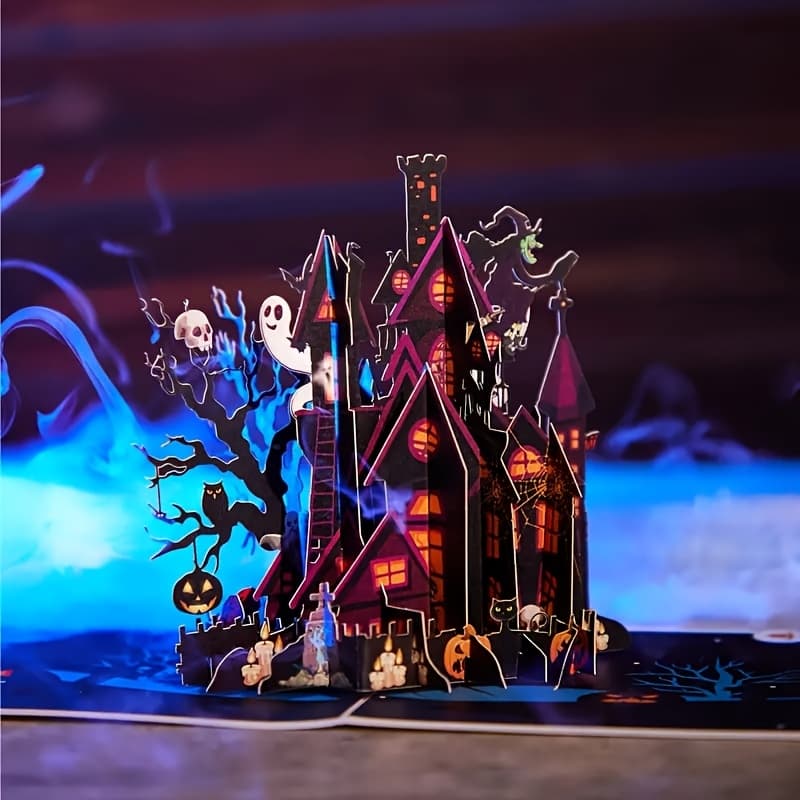 TEMU Halloween 3d Pop-up Greeting Card - Laser Cut Cartoon Design With , , Pumpkins, And Graveyard - Paper Material For With Envelope Included