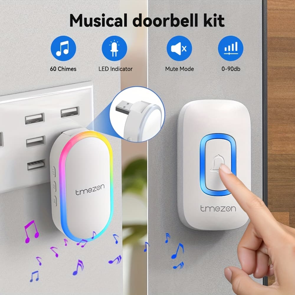 TEMU Tmezon Office Call Bell, Usb Musical Doorbell Kit, Door Bell Chime, Musical Doorbell, 60 , 5 Volume Levels, Colourful Led For Home Security Outdoor, Local Warehouse, Gifts