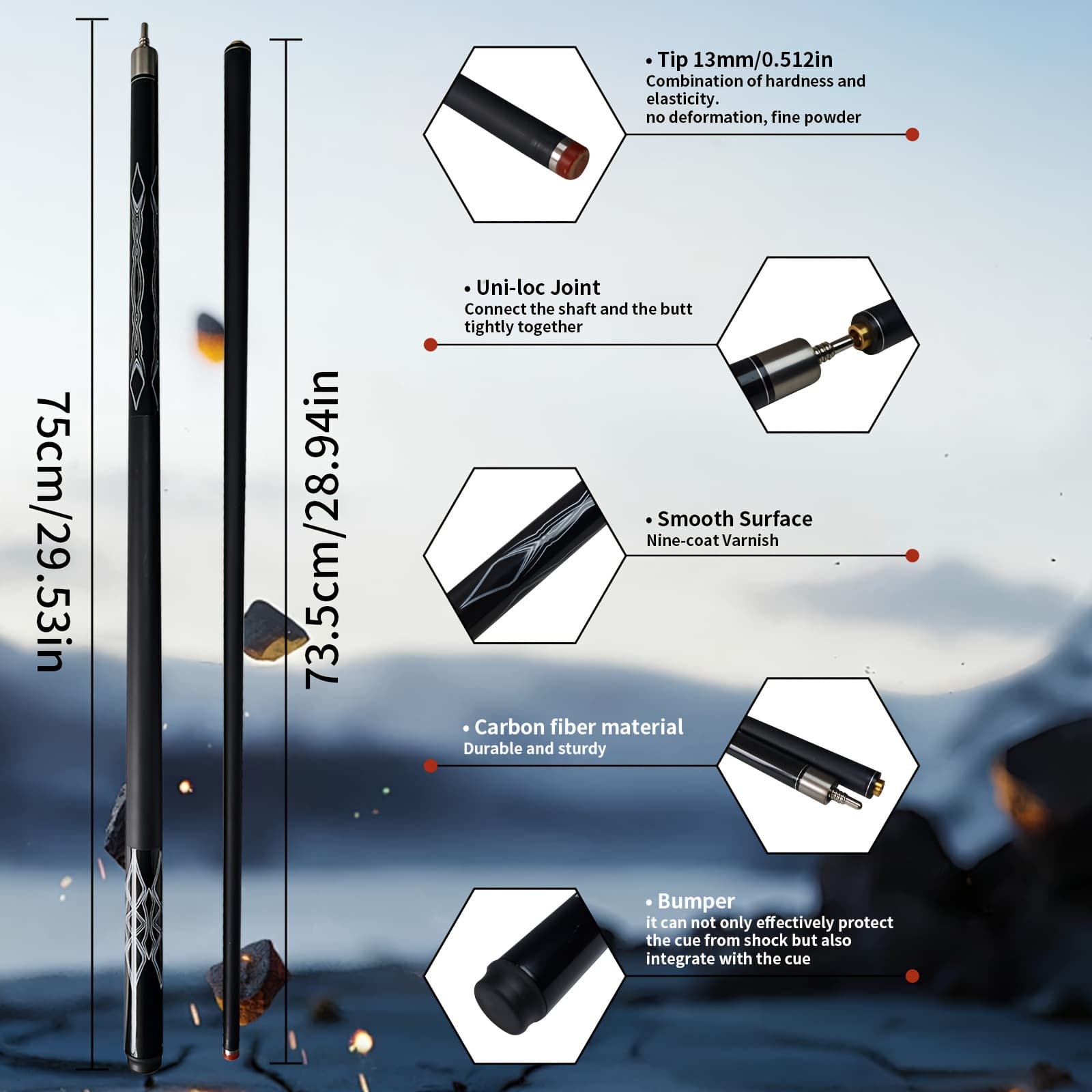 TEMU 13mm Carbon Fiber Pool Cue, 57-inch Special Pattern Billiard Cues, 2pcs Modular Cue, Professional Low Curved Design, Suitable For 8 Ball/, For Home, Tournament, Club, Gift For Men/birthday Gift