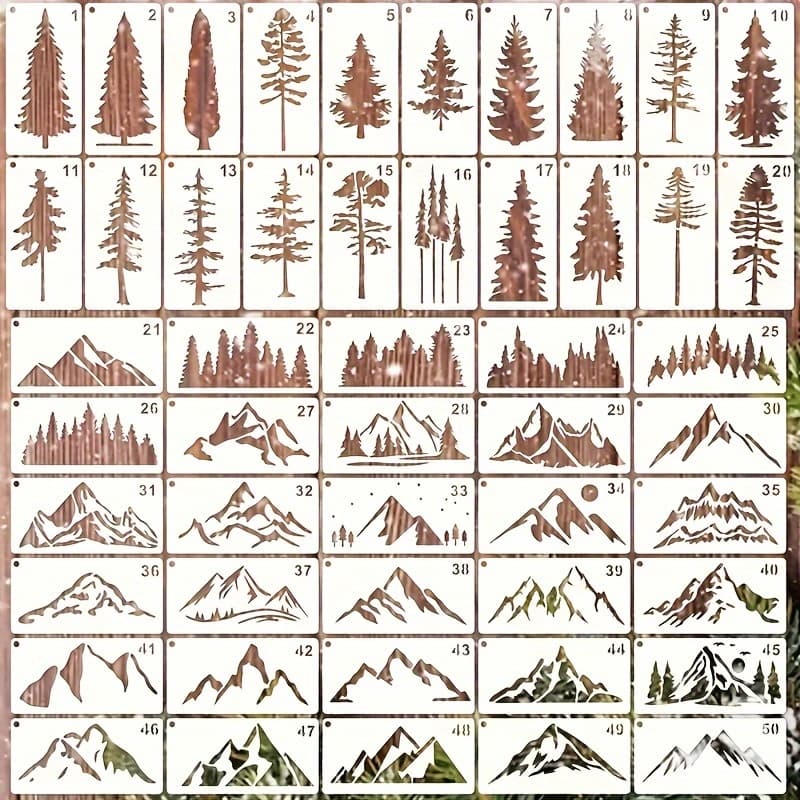 TEMU 50pcs Reusable Pine Tree Mountain Stencils For Painting And Crafts, Durable Plastic Art Templates