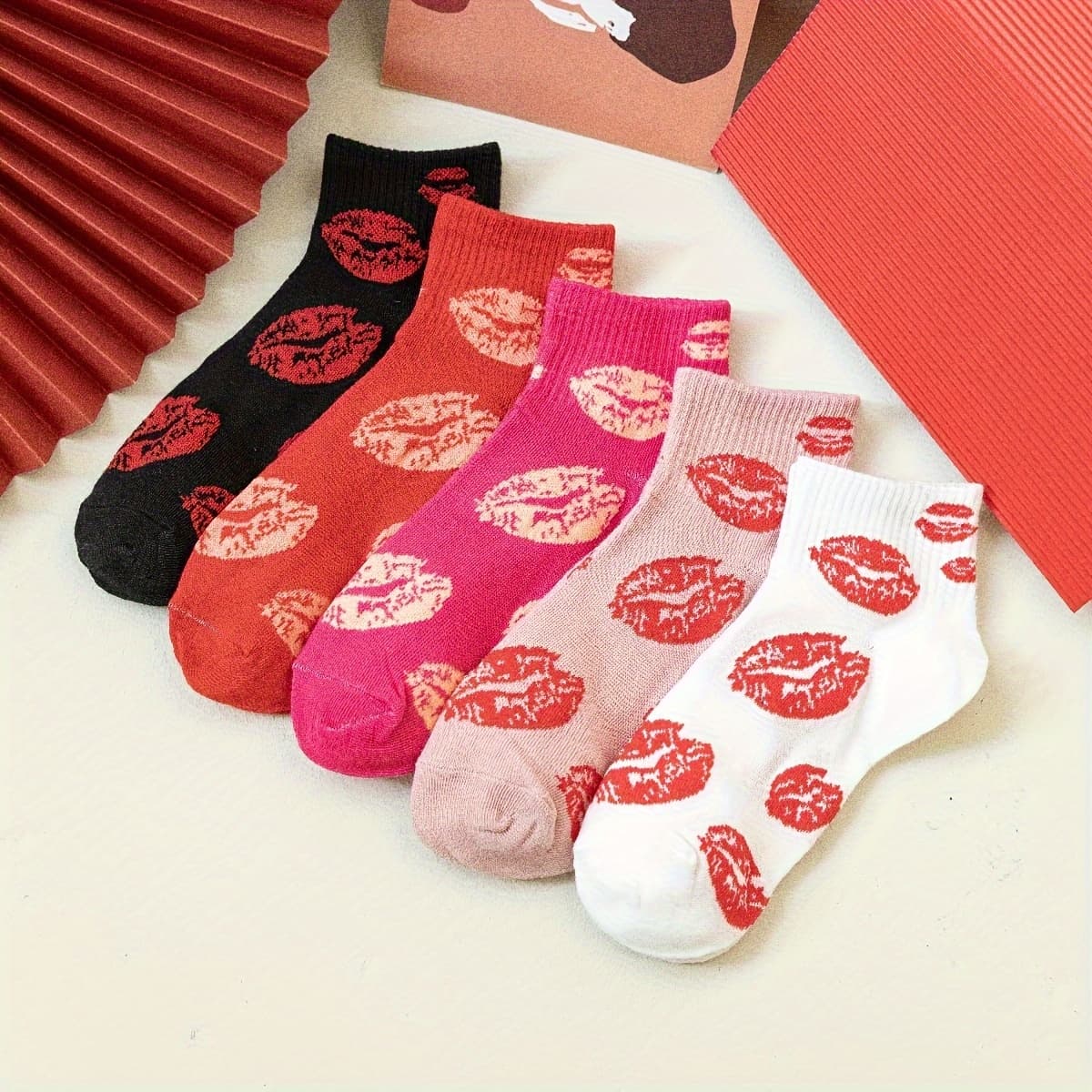 TEMU 5 Pairs Of Women's Short Socks With A Valentine's Day Theme Featuring Red Lips Design