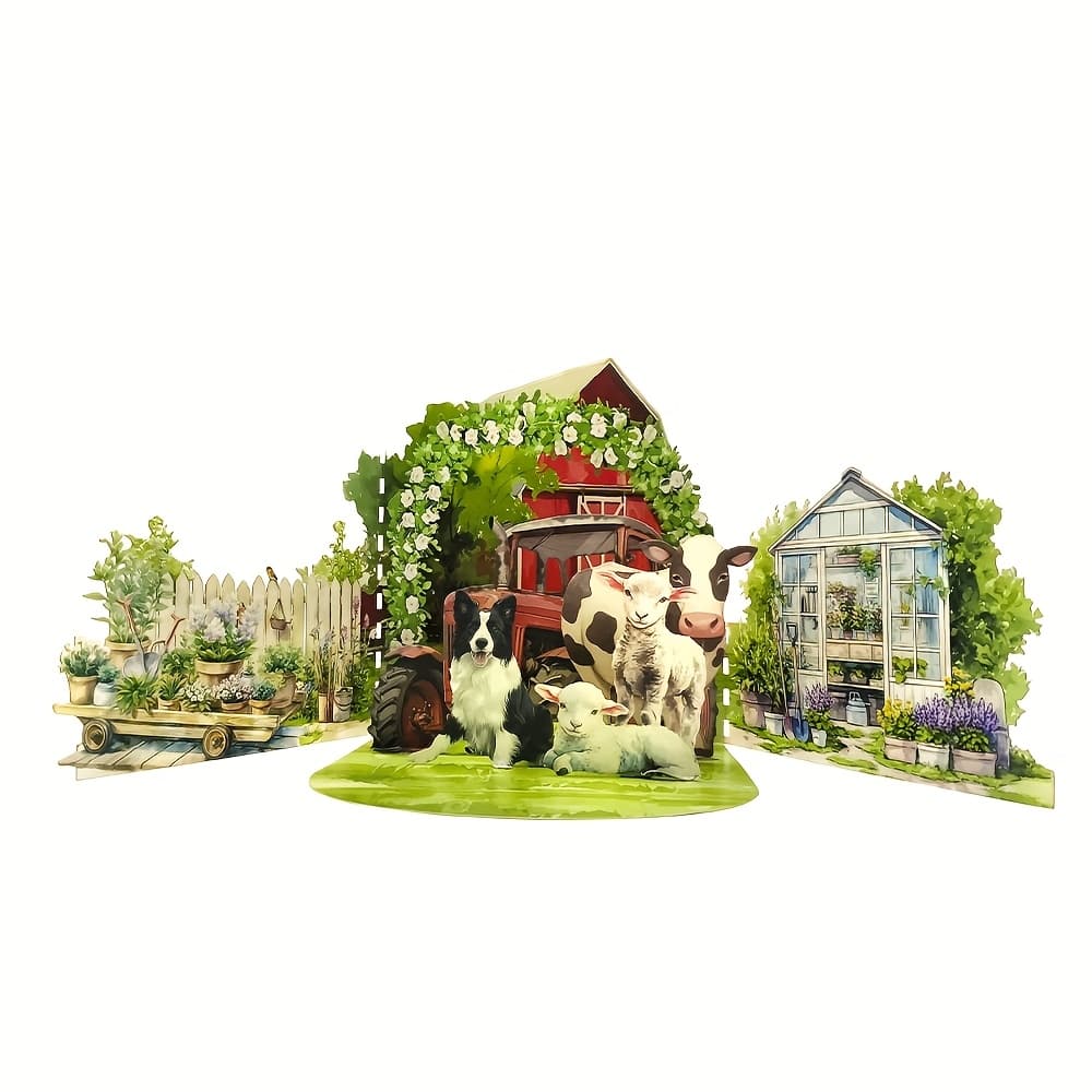 TEMU A Stylish And Trendy 3d Greeting Card About Ranch A Design! It Features Elements Like Puppies, Lambs And Cows! Suitable For Holidays, Life, And Retirement! To Everyone.