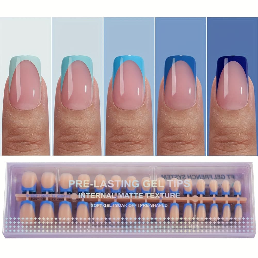 TEMU French Tip Press On Nails - Blue Press On Nails Short, Square Fake Nail Tips, 150pcs Soak Off Soft Gel Acrylic Nail Extension In 15 Sizes, Nail Decorations For Women And Summer