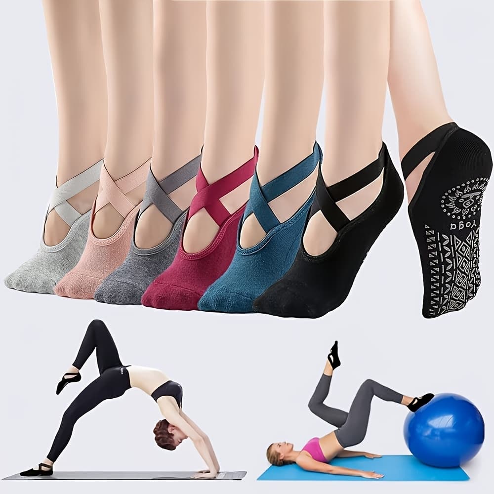 TEMU 6 Pairs Of Women's Yoga Socks, Silicone Anti-slip Boat Socks, Cross-tied Fitness Pilates, Soft And Comfortable Dancing Socks