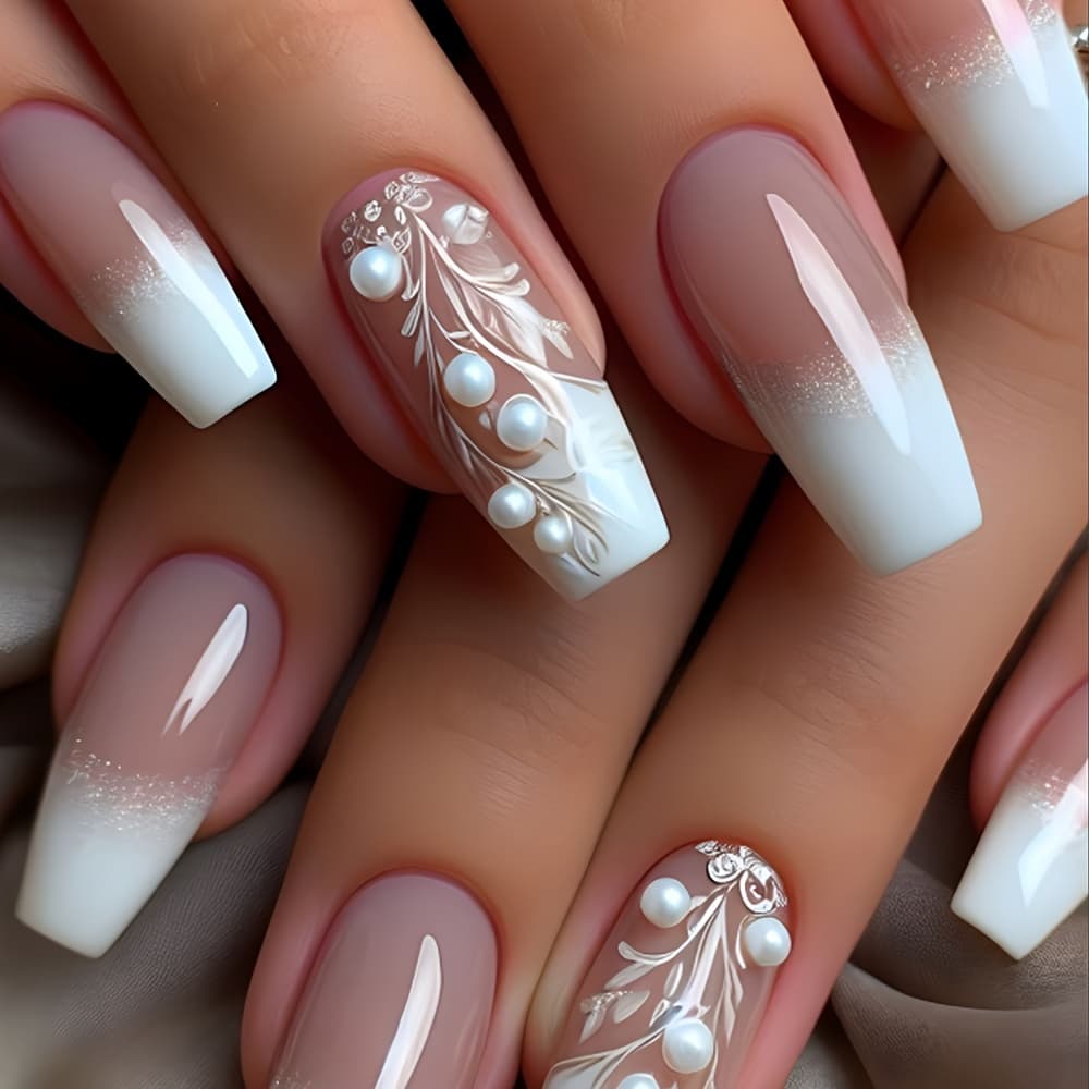 TEMU 24pcs Glossy Long Coffin Press On Nails - Pink Gradient Floral Design, Fake Nails With & Ombre Glossy End For Weddings, Parties, Special Occasions, Tips, Party Manicure, Decorations