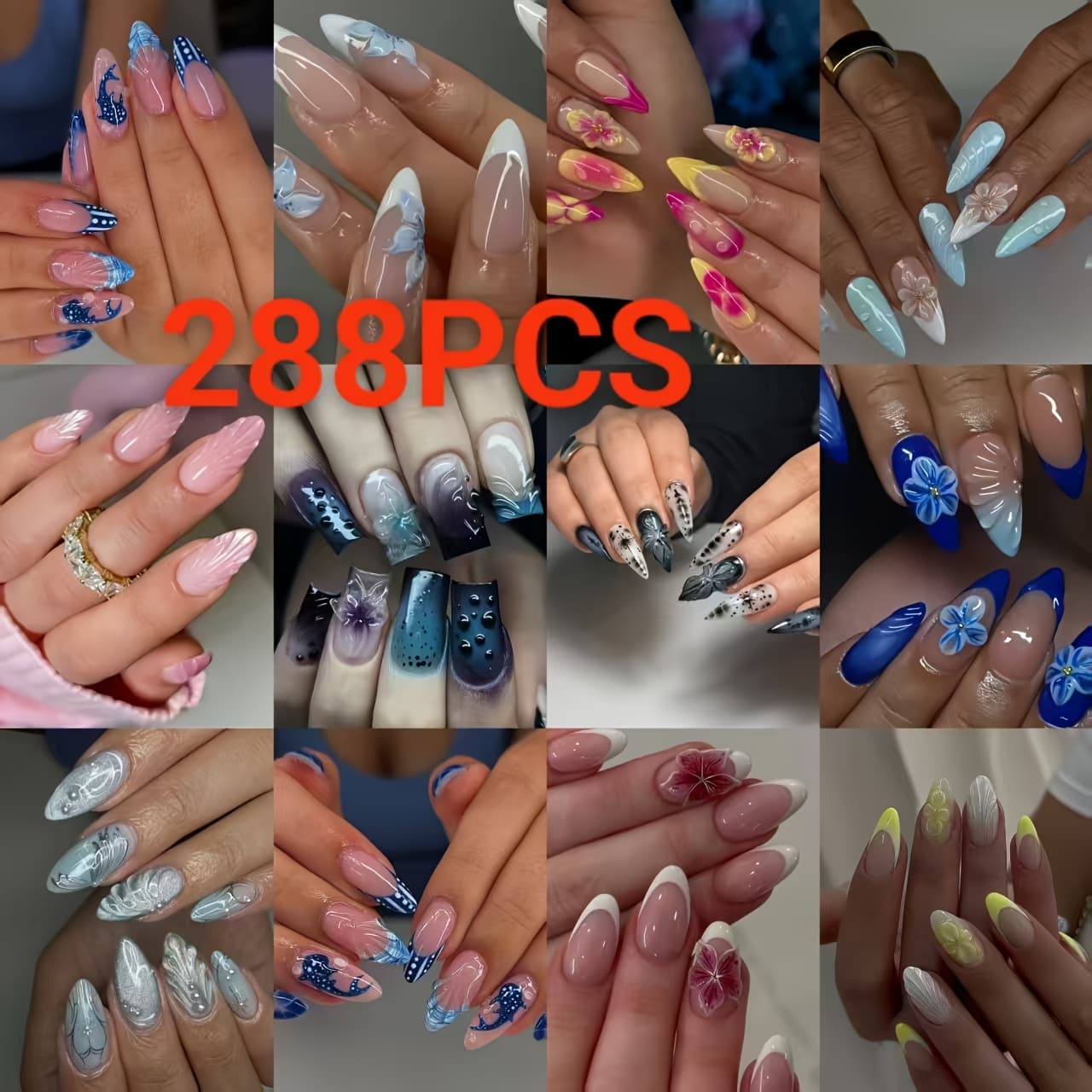 TEMU 288pcs (12 Styles) 3d Assortment, Extra Large Assorted Flowers, Press-on Nails With Pointed, Almond, Square, And Ballet Shapes, Detachable Press-on Nail Set