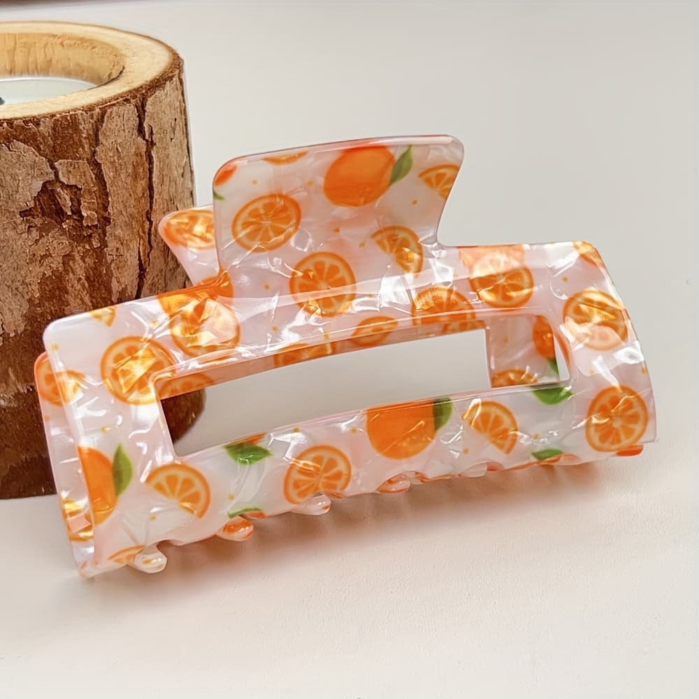 TEMU 1pc Orange Rectangular Hair Clip For Women - Red White Contrast Laser-cut Barrettes With Non-slip Grip, Lightweight Updo Accessories For Beach Weddings/vacation Essentials/birthday