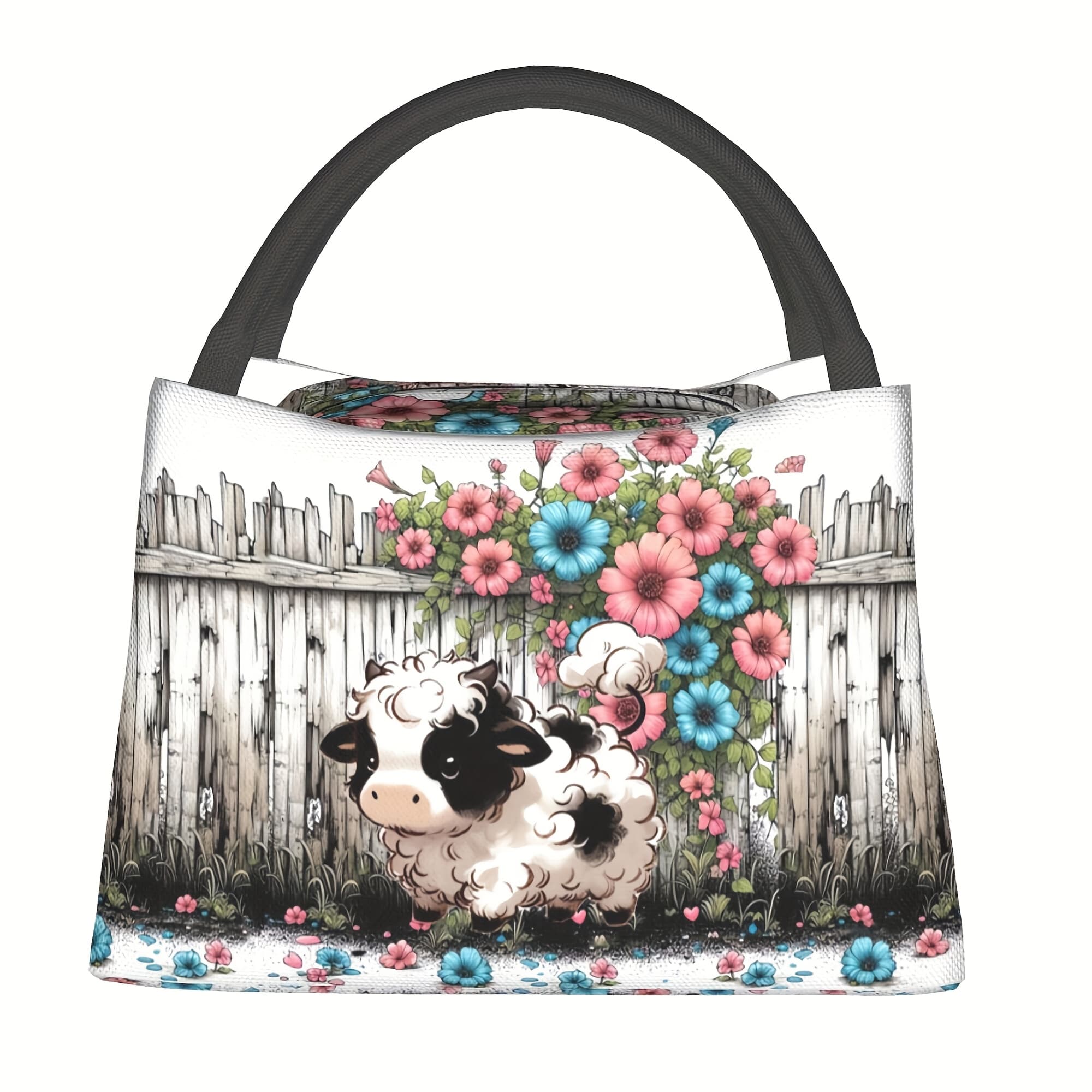 TEMU 1pc Cute Cow, Fence Flower Pattern, Portable And Reusable Refrigerated Bag, Insulated Lunch Bag, A Must-have For Camping , Homes, Offices, And Outdoors, Suitable As A Birthday Or Holiday Gift For