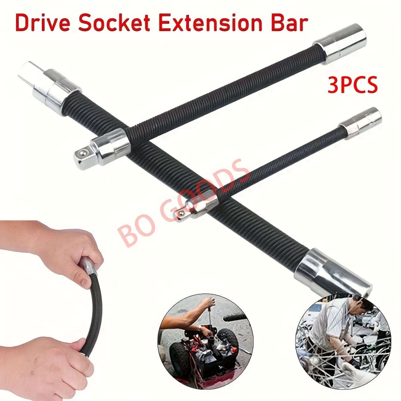 TEMU 3pcs Impact Socket & Flexible Extension Rod Drive Adapter - 1/4", 3/8", 1/2" Drive Suitable For Automotive Repair, Workshop Tool With Extension Rods For Wrench, Socket Spanner ,