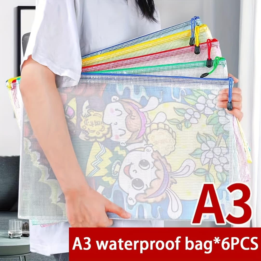 TEMU 6 A3 Size Mesh Zipper Bags, Plastic File Bags, Zipper Bags, 6 Colors, Matching 6label Stickers, Travel Storage Classification, Office Supplies Classification