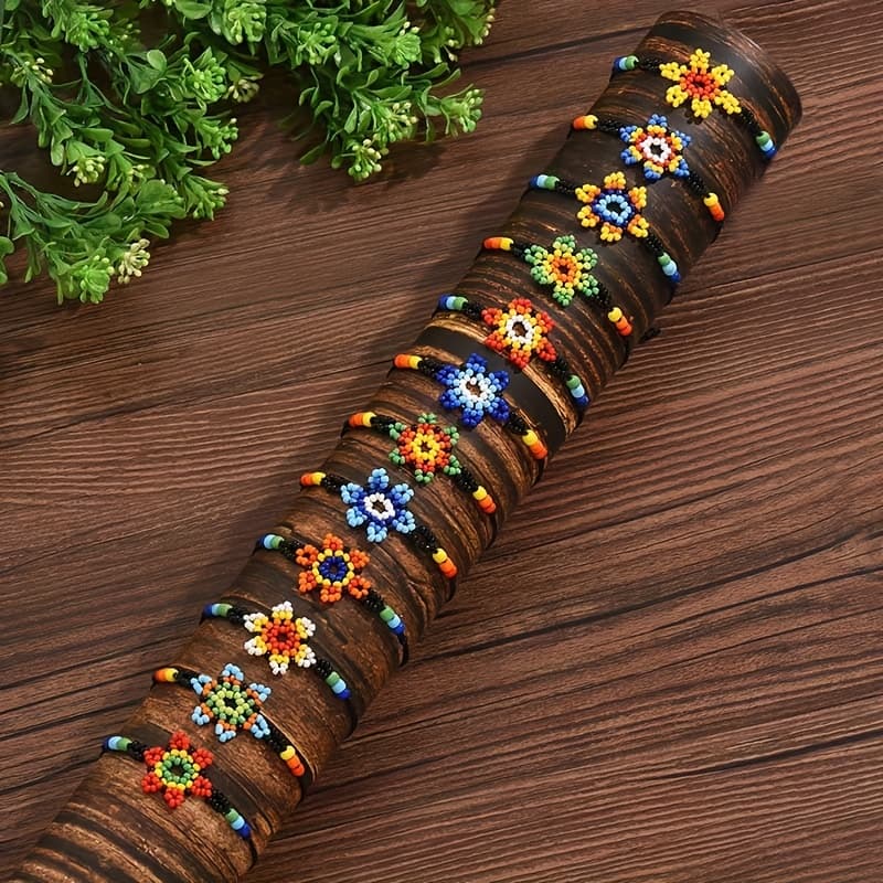 TEMU 6pcs/set Bohemian Woven Rice Bead Pull Flower Bracelet Set Women (random Color Handmade, Color, Pattern, Shape Cannot Be )