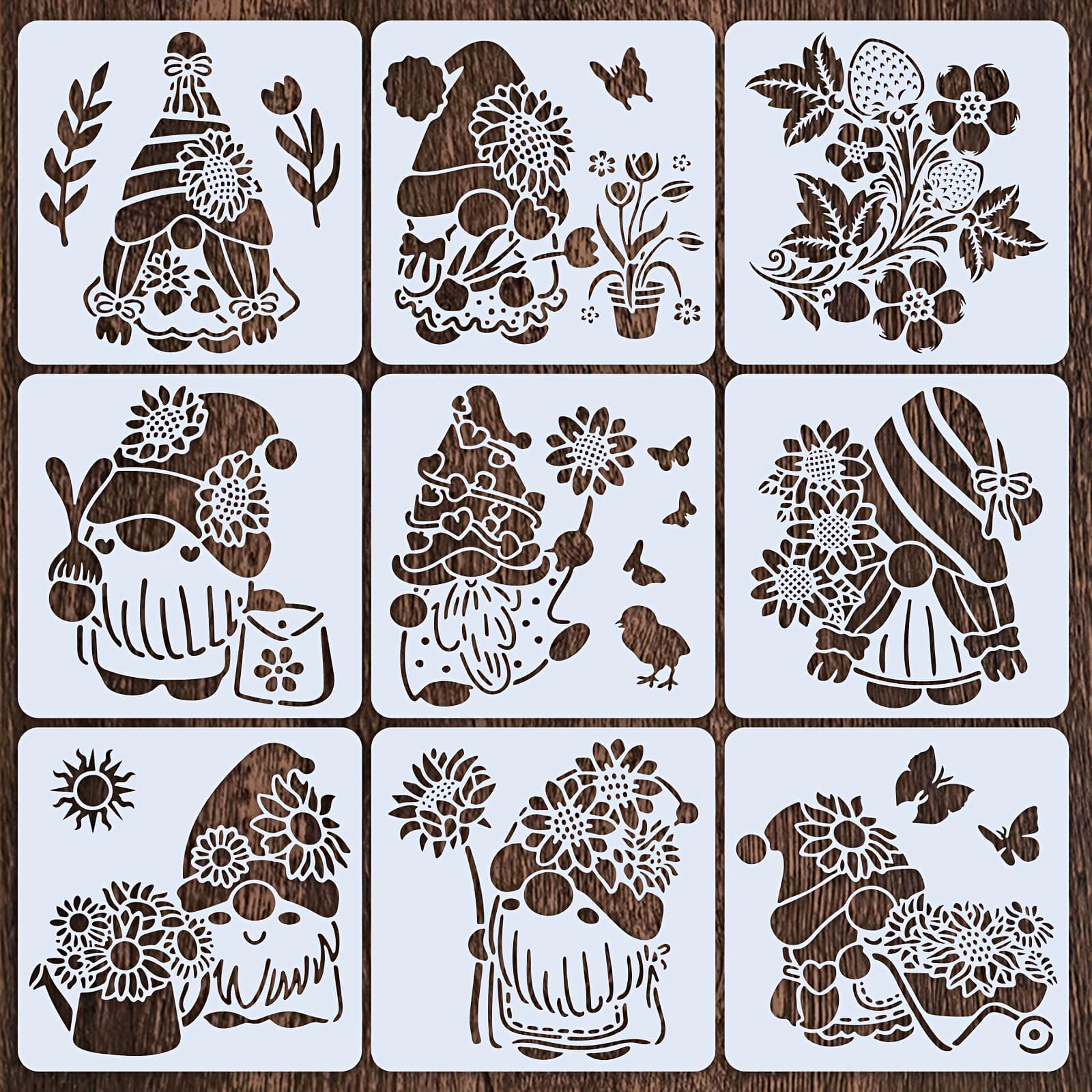 TEMU 9pcs Of 5.9*5.9-inch Dwarf, Sunflower, And Strawberry Stencil Sheets, Suitable For Ceramic, Fabric, Stone, And Wood Spray Printing. Reusable Diy Screen Printing Templates