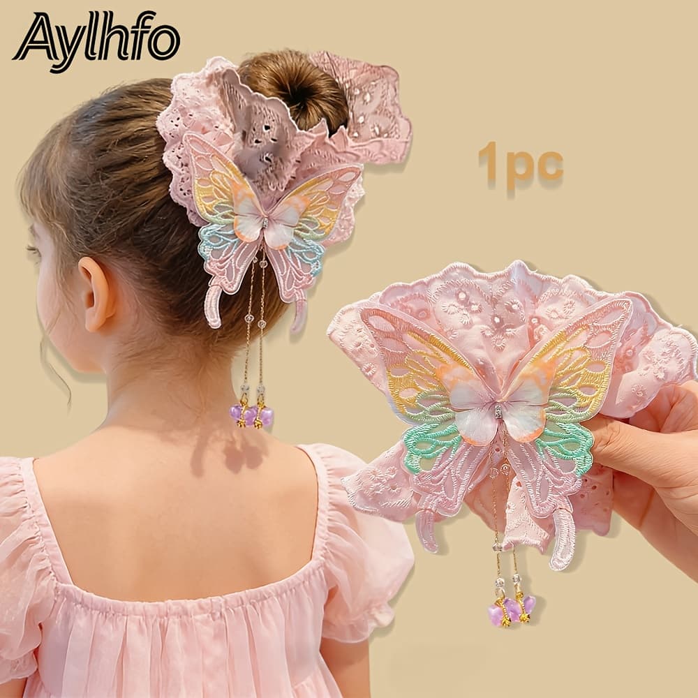 TEMU 1pc Aylhfo Colorful Embroidered Fabric Hair Tie, ' Cute Chain Pendant Fabric Hair Bun, 's Cute Hair Additions, Suitable For Daily And Holiday Party Wear