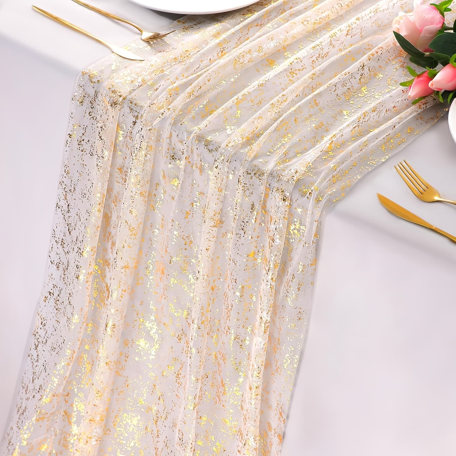 TEMU 1pc Golden 70*305cm Golden Tulle Sheer Table Runner Sequin Sparkle Metallic Foil, Table Decoration Centerpiece For Wedding Birthday Christmas Bridal Valentine's Day Party Decor
