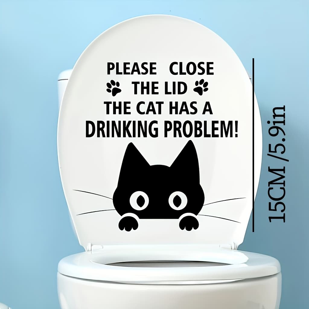 TEMU 1pc Pvc Adhesive Toilet Seat Decal, "please Close , The Cat Has A Drinking Problem! Fun Bathroom Decoration, Black Cat Design, Easy To Apply Mural Art, 11.8x11.8 Inches Wall Sticker