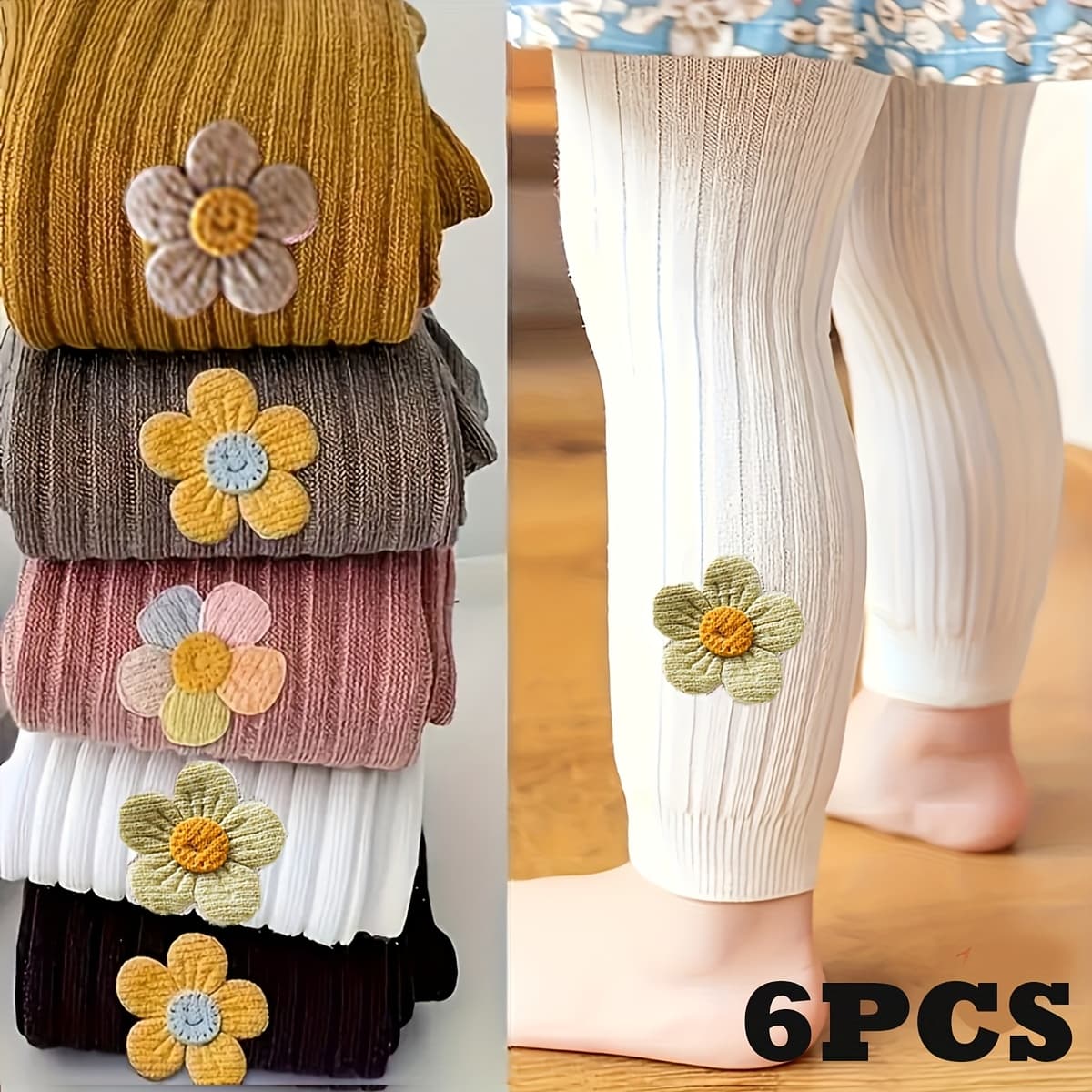 TEMU 6-pc Of Girls' Side Flower Leggings, Cropped Pants, Colorful Series Suitable For Girls' Daily Wear, Essential For Spring And Autumn, Suitable For Back-to- Wear