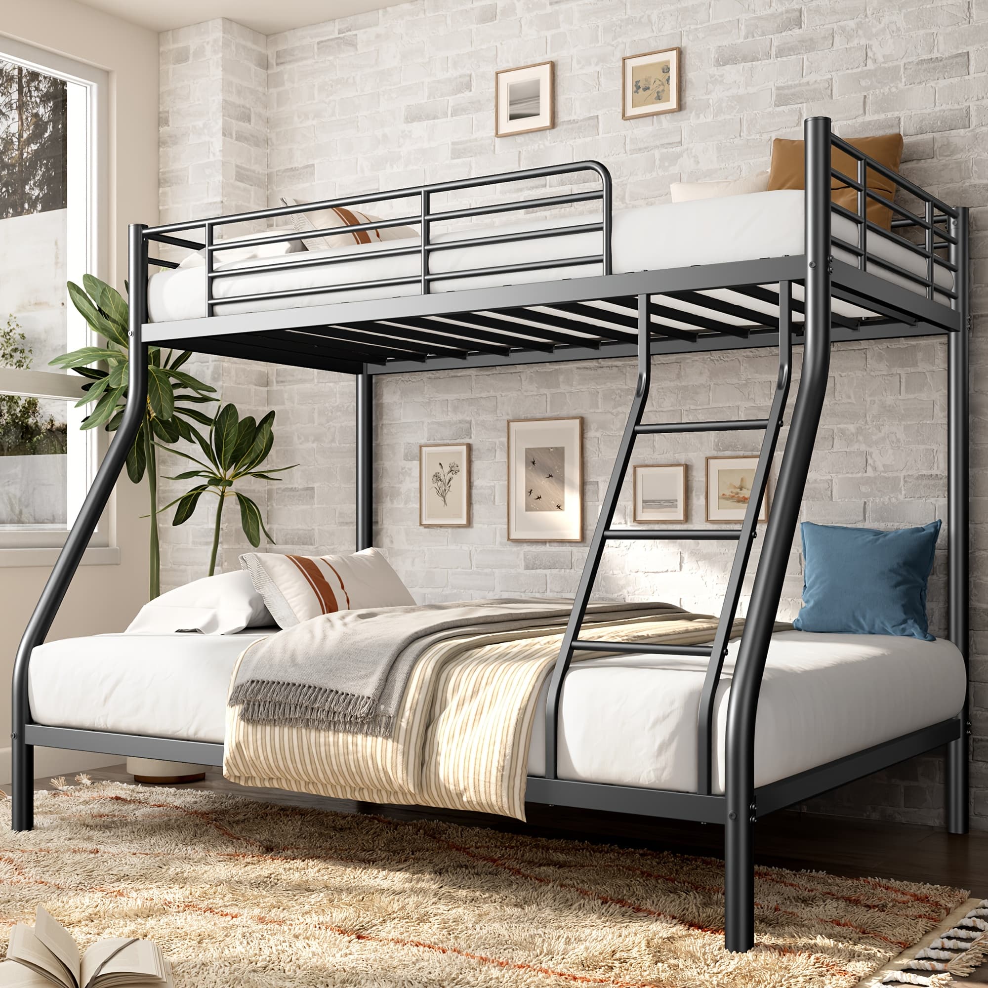 TEMU Bunk Beds Twin Over Twin/full Size, Heavy Duty Metal Bunk Bed Frame With Angled Ladder For Spaces-saving, Smooth Rounded Edges, Noise Assembly, Black