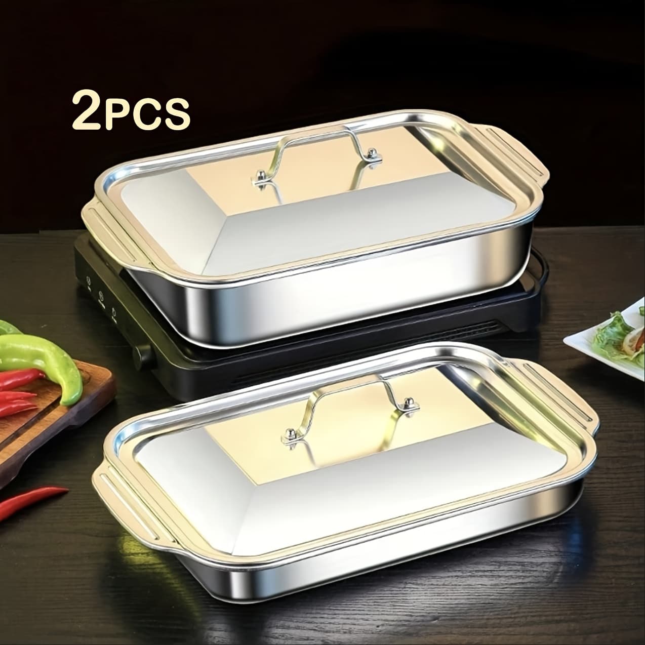 TEMU 2 Sets Stainless Steel Baking Pans With Lids | Rectangular Grill Pan, Dessert Pan, Dual-handle Roasting Tray, Seafood Platter, Integrated Bbq Serving Dish For Buffets, Multi-source Heating
