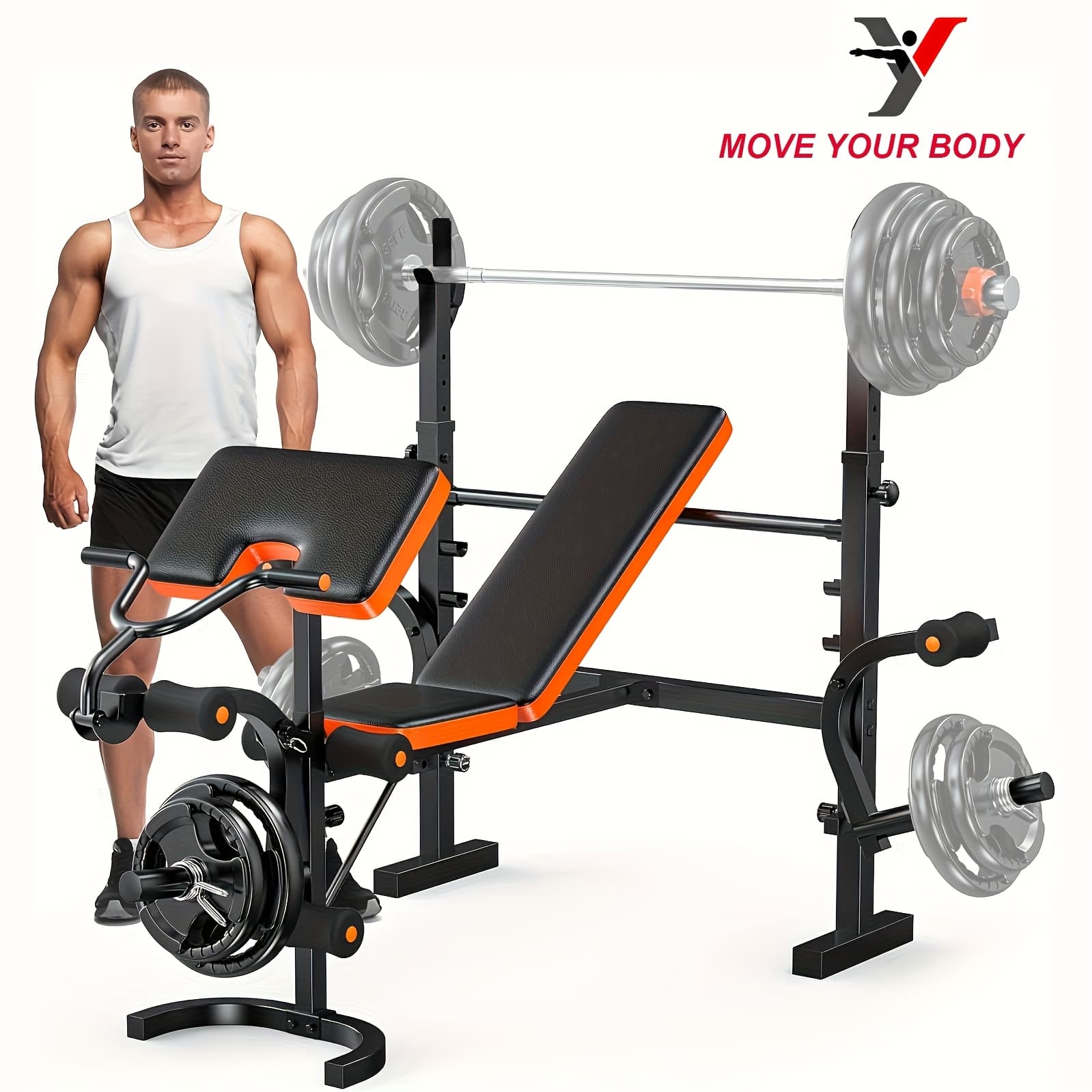 TEMU 6-in-1 Heavy Duty Weight Bench Set With Adjustable Squat Rack, Leg Developer, And Pad | Professional & Foldable For Full Body Workout | 600lbs Capacity For Strength Training