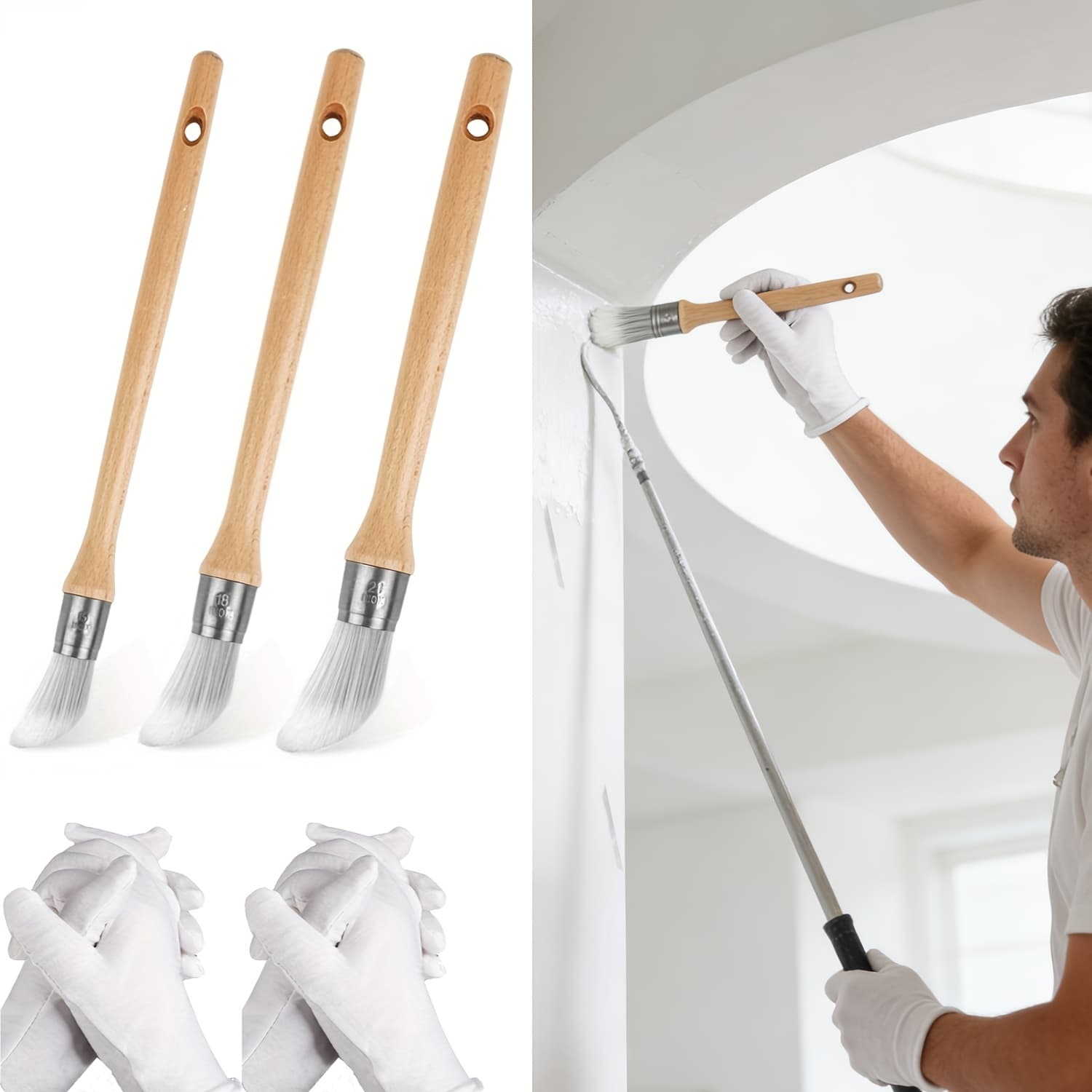 TEMU 3pcs Paint Brushes With Gloves, Long Handle Edge Paint Tool Kit, For Corners, Decorating, Artwork, And Round Edge Brushes For House Wall Edges
