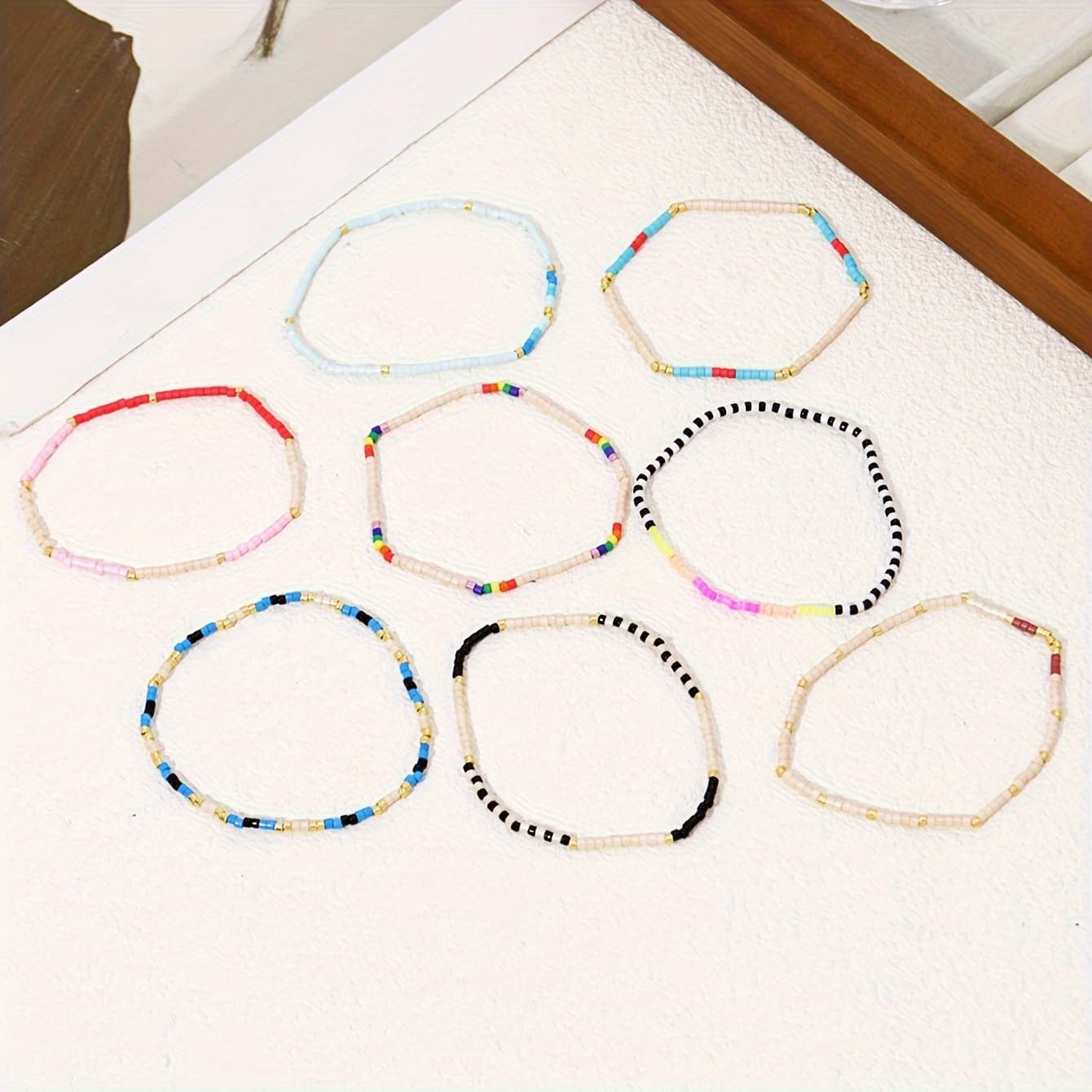 TEMU 8pcs Bohemian Beaded Bracelet Set - Colorful Handmade Stretch Multilayer Wristbands, Ideal For Party And Vacation Accessories, Perfect Gift For