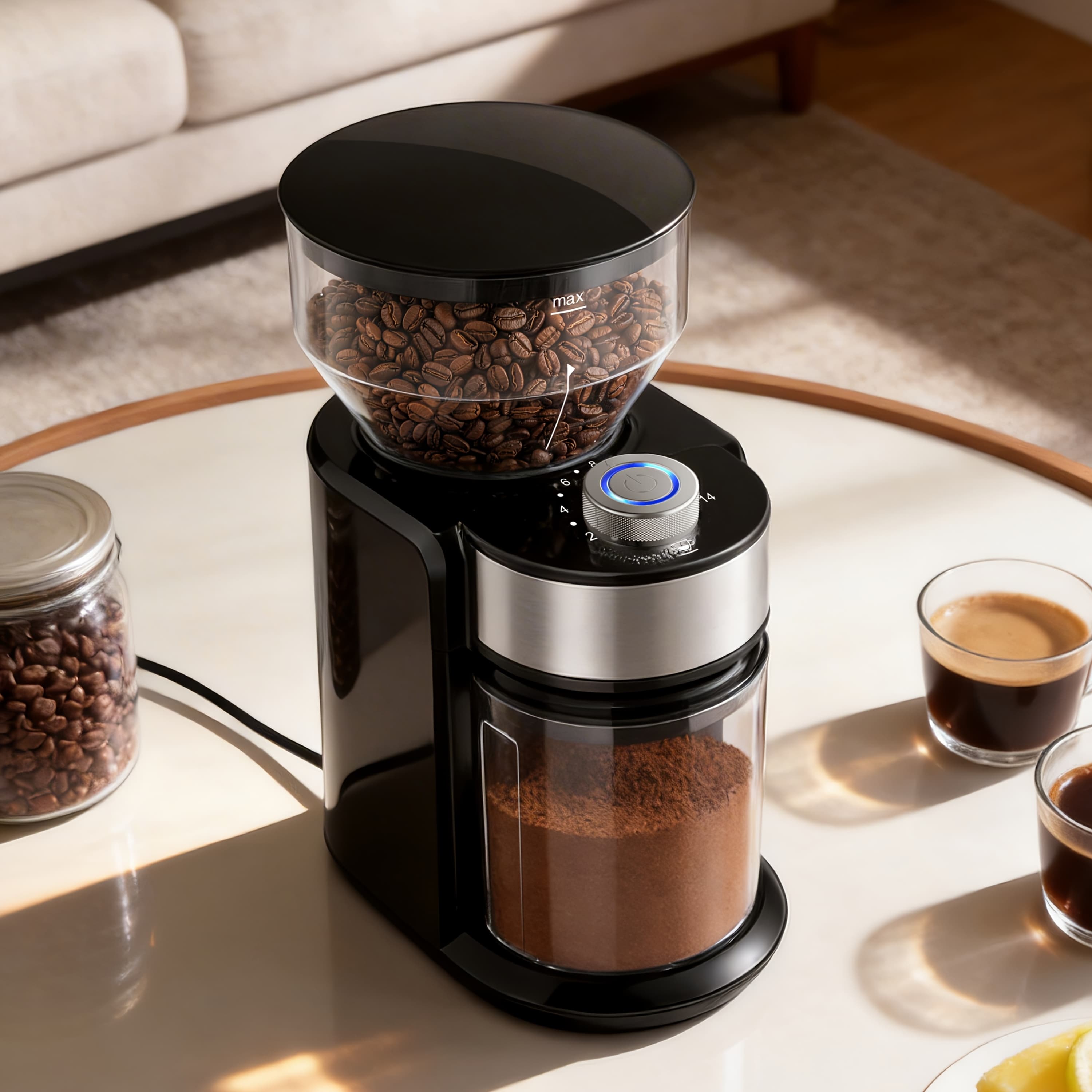 TEMU Electric Coffee Grinder With Adjustable Burrs, 15 Precise Grinder Settings For 2-14 Cups, Black