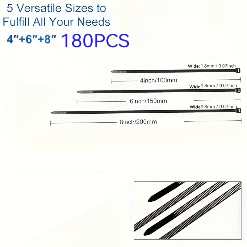 TEMU 180 Self-locking Ties -200/150/100mm Multiple Sizes-suitable For Cable Management In Homes, Offices, Gardens And , Self-locking Tie Packaging Suitable For Indoor And Outdoor Use