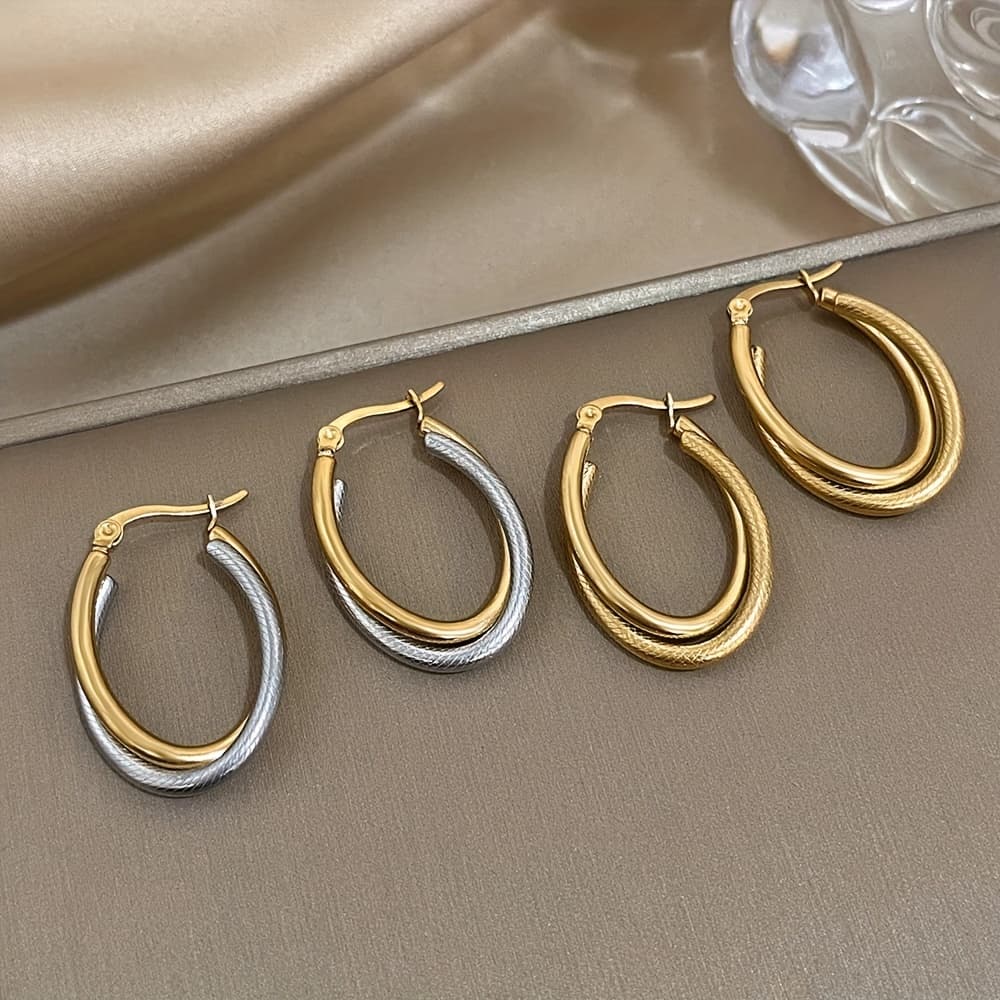 TEMU Trendy Stainless Steel Golden-tone Twist Hoop Earrings For Women - Elegant Twisted Design, Durable Hypoallergenic Jewelry For Party, Casual Attire & Gift, Cute Earrings, Shiny Metallic Finish
