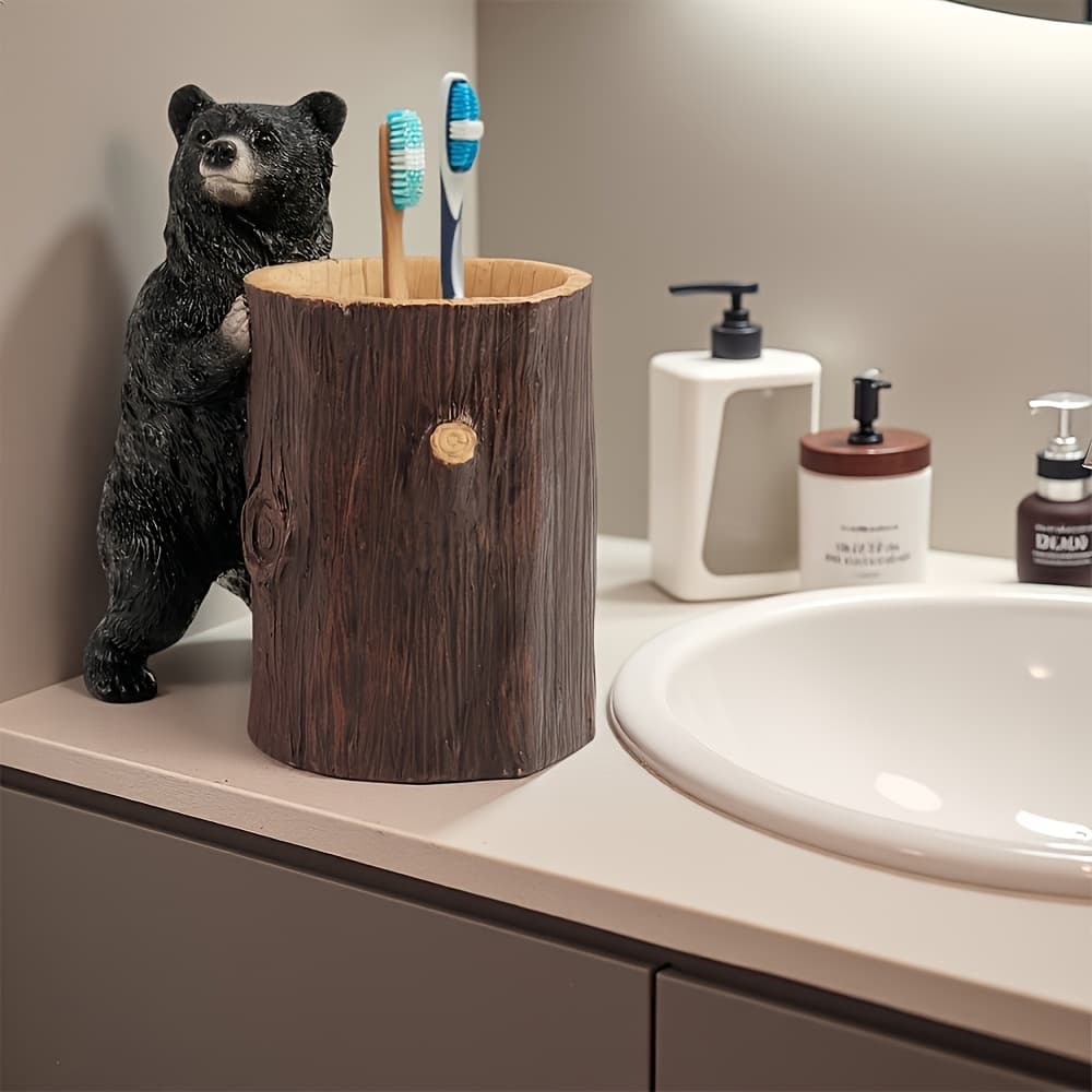 TEMU 1pc Adorable Bear-shaped Toothbrush & Toothpaste Holder - Handmade Resin Cute Bear With Bear & Paw - Bathroom Countertop Organizer For Sink, Bathtub - ' Bathroom Storage, Resin