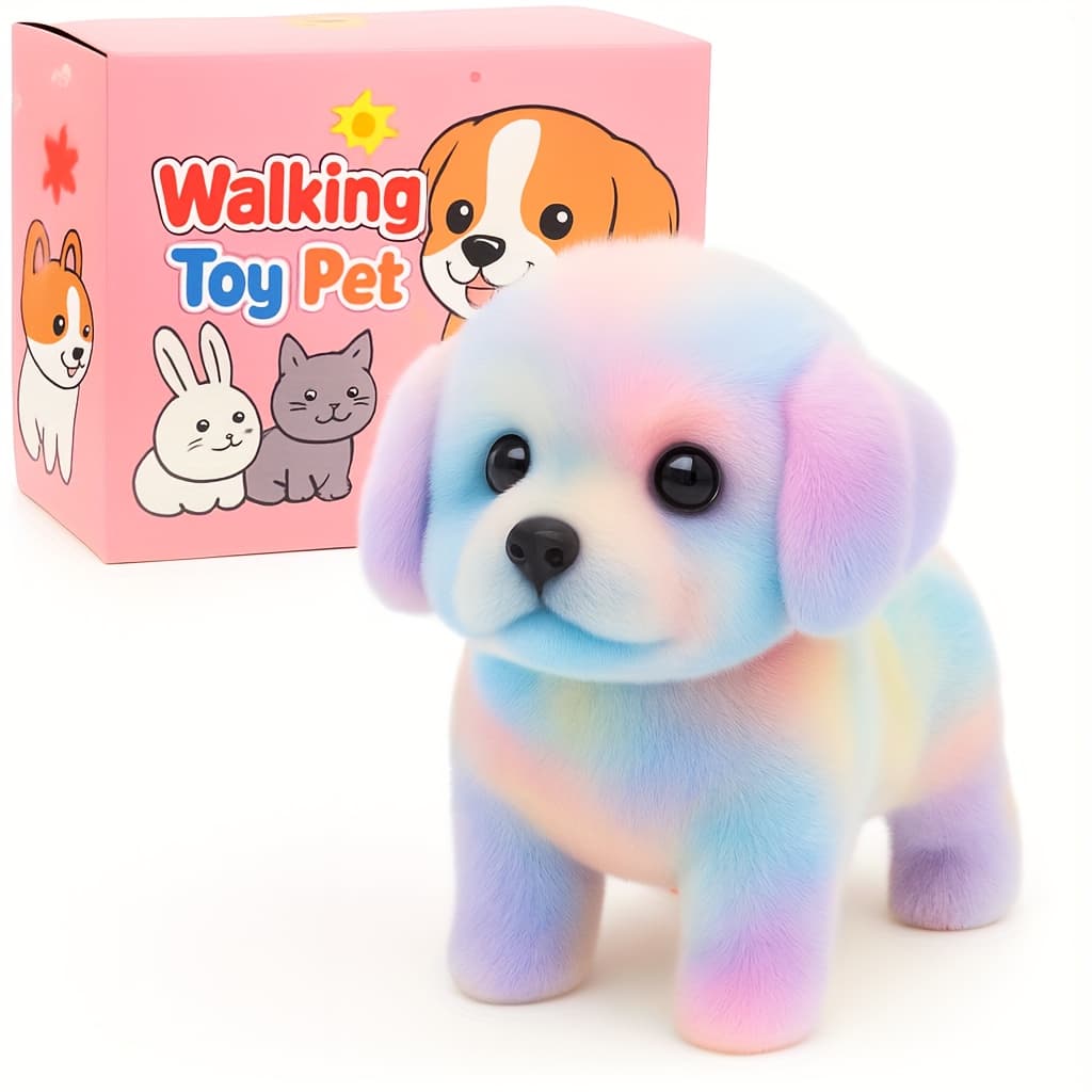 TEMU Rainbow Gift Box Realistic Interactive Pet Toy, Soft And Adorable, Perfect Birthday Christmas Surprise Gift For Kids, Colorful Design, Lifelike Movement, Interactive Walking Dog Toy