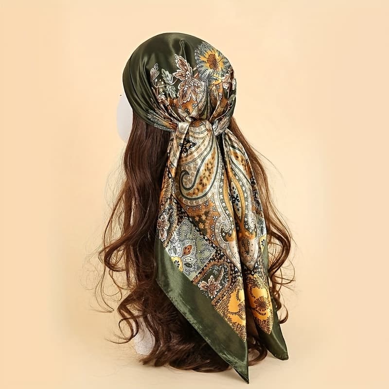 TEMU 1pc 90*90cm Retro Paisley Print Headscarf Elegant Satin Square Scarf Women's Headscarf Hair Additions