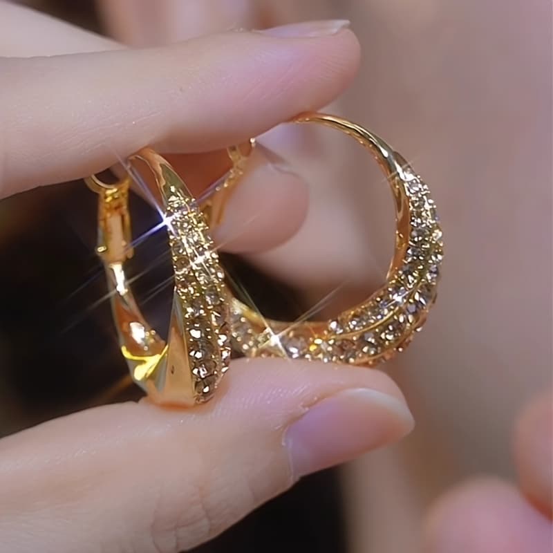 TEMU 1 Pair Elegant 14k Golden Plated Hoop Earrings For Women - Copper Fashionable Daily & Party Wear Ear Jewelry, Perfect Valentine's Day Gift