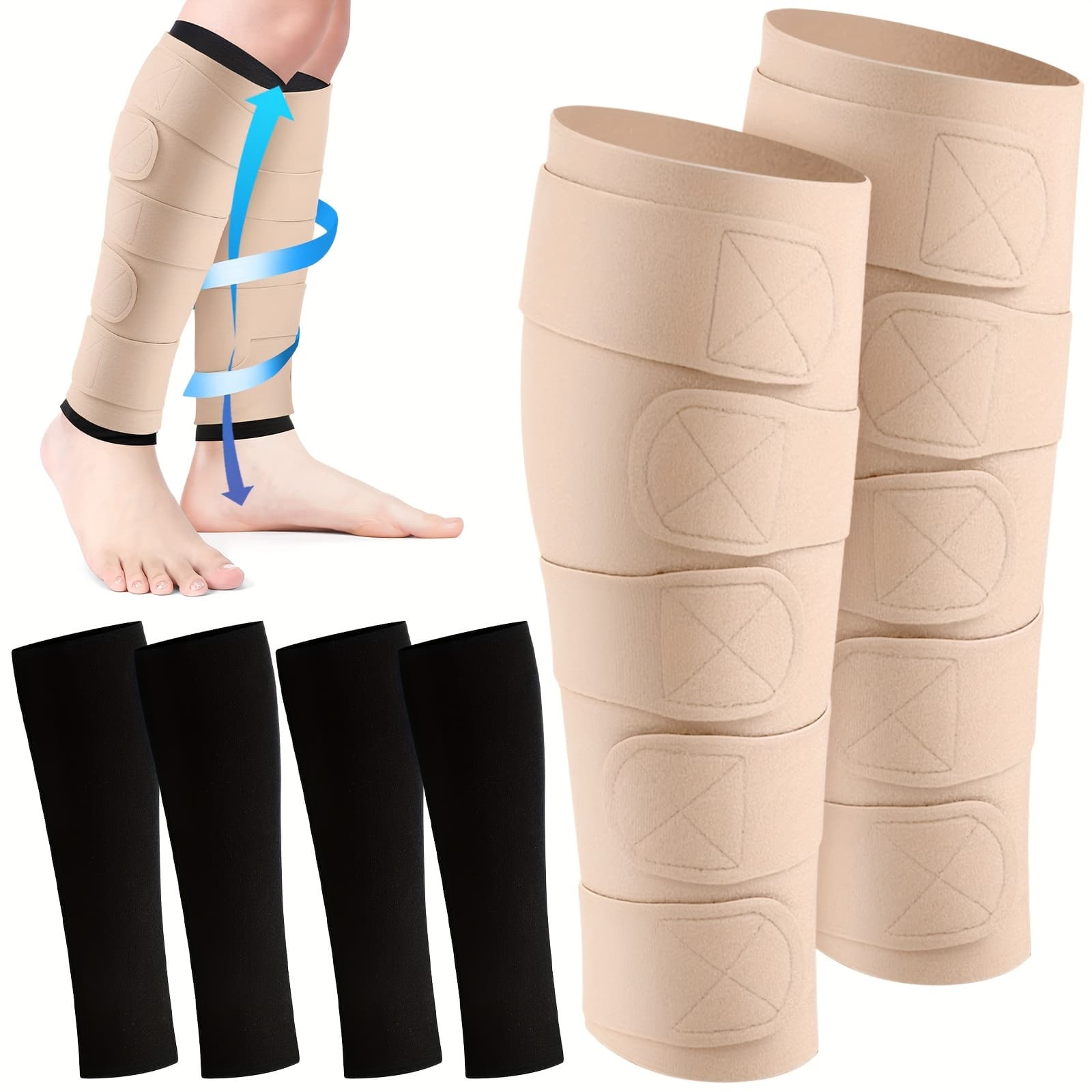 TEMU 3 Pairs Lymphedema Compression Leg Wraps Adjustable Lower Leg Cover Up Shin Splint Wrap For Heaviness (black- Leg Wrap)