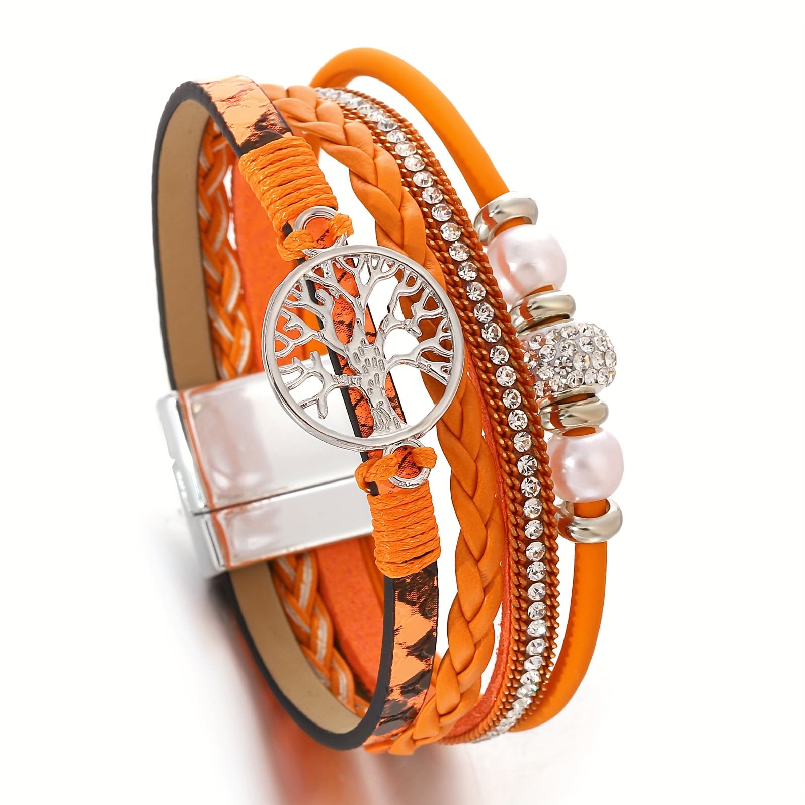 TEMU 1pc Orange Braided Synthetic Leather Wrap Bracelet With Alloy Tree Of & Beads - Punk Retro Charm Bracelet For Good Luck, Daily Wear, Halloween Party Jewelry Gift, Statement Accessory