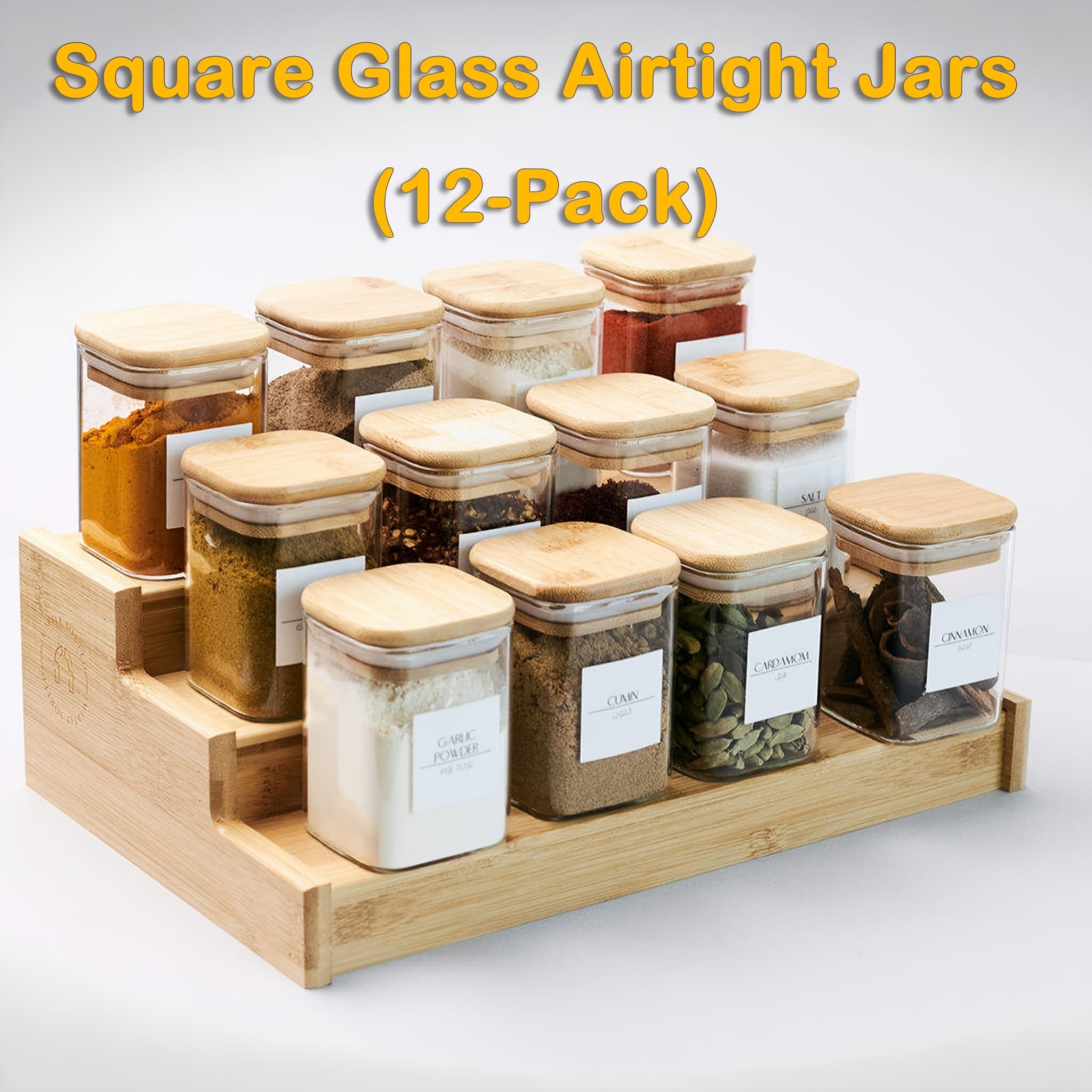 TEMU 12pcs (12 Jars) Glass Jar Set With Bamboo Lids & Marker Pen & Labels - Airtight Flip- Containers Suitable For Loose Tea, Coffee Beans, Spices, Sugar Storage - Pantry Organization,