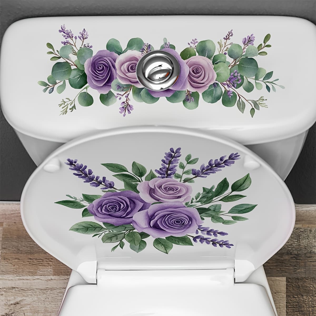 TEMU 1pc Elegant Purple Flower Toilet Lid Sticker - Self-adhesive Pvc Bathroom Decal Suitable For Ceramic Toilets, Bathtubs & Shower Floors - Application, Irregular Shape, Single-use Floral Lid Cover