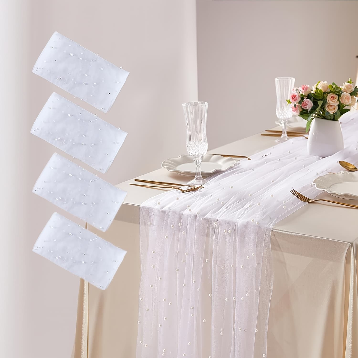 TEMU 4pcs Pearl Table Runner White Wedding Veil Dessert Tablecloth Chiffon Table Runner, Tulle Fabric Lace Tablecloth Table Runners For Bridal Shower Birthday Party Decorations Valentine's Day