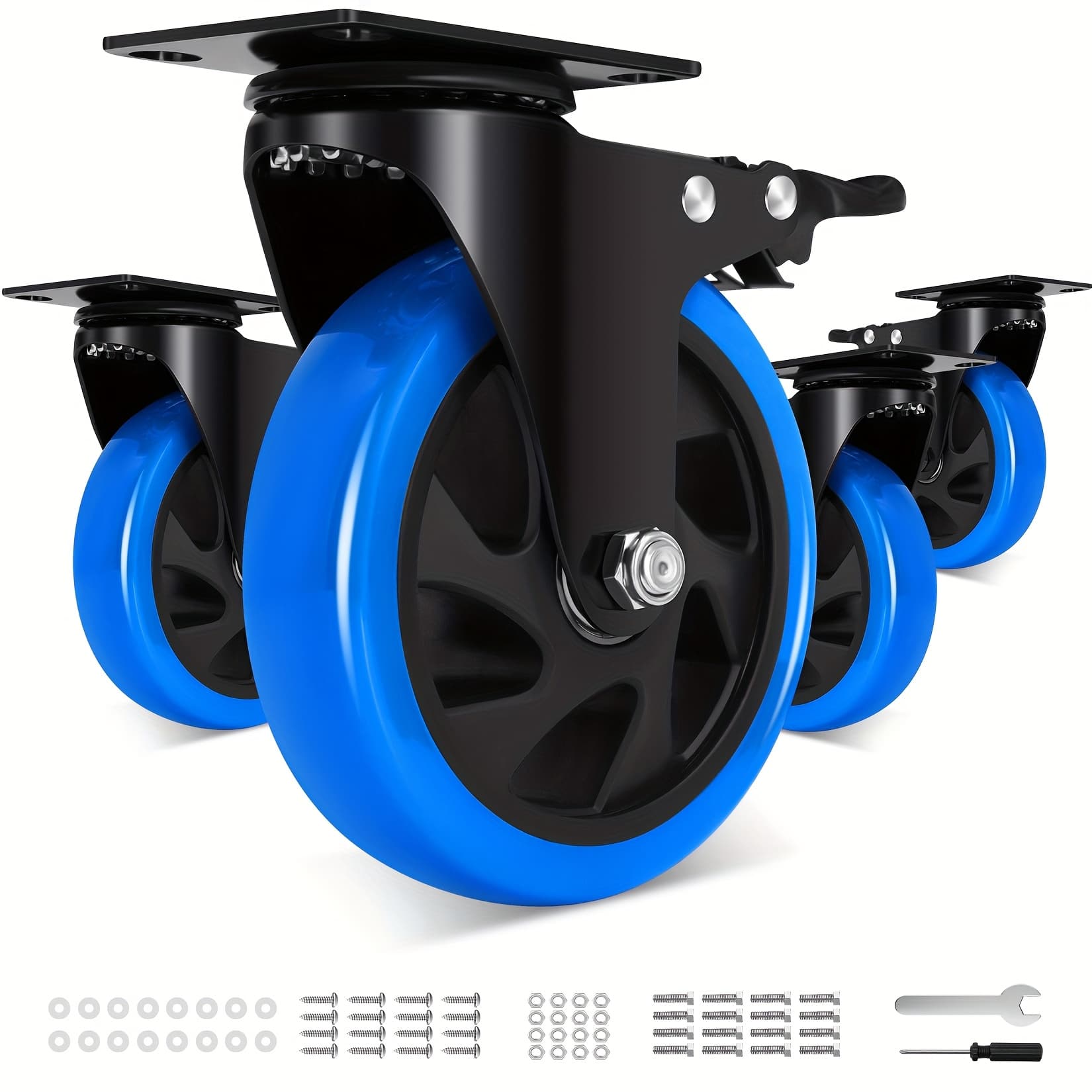 TEMU 5-inch Castor Kit (4pcs), Heavy-duty With Brakes, Safety Castors, Noiseless Polyurethane Foam Wheels, Load Capacity 2200 (free With 2 Sets Of Hardware)