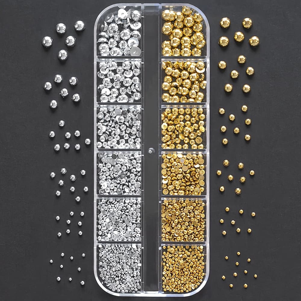 TEMU 12 Grids/box Crystals Ab For Nail Rhinestones Mixed Sizes Golden Silvery Round Beads Flat Back Glass Charms Gems Stones For Nails Decoration Makeup Clothes Shoes