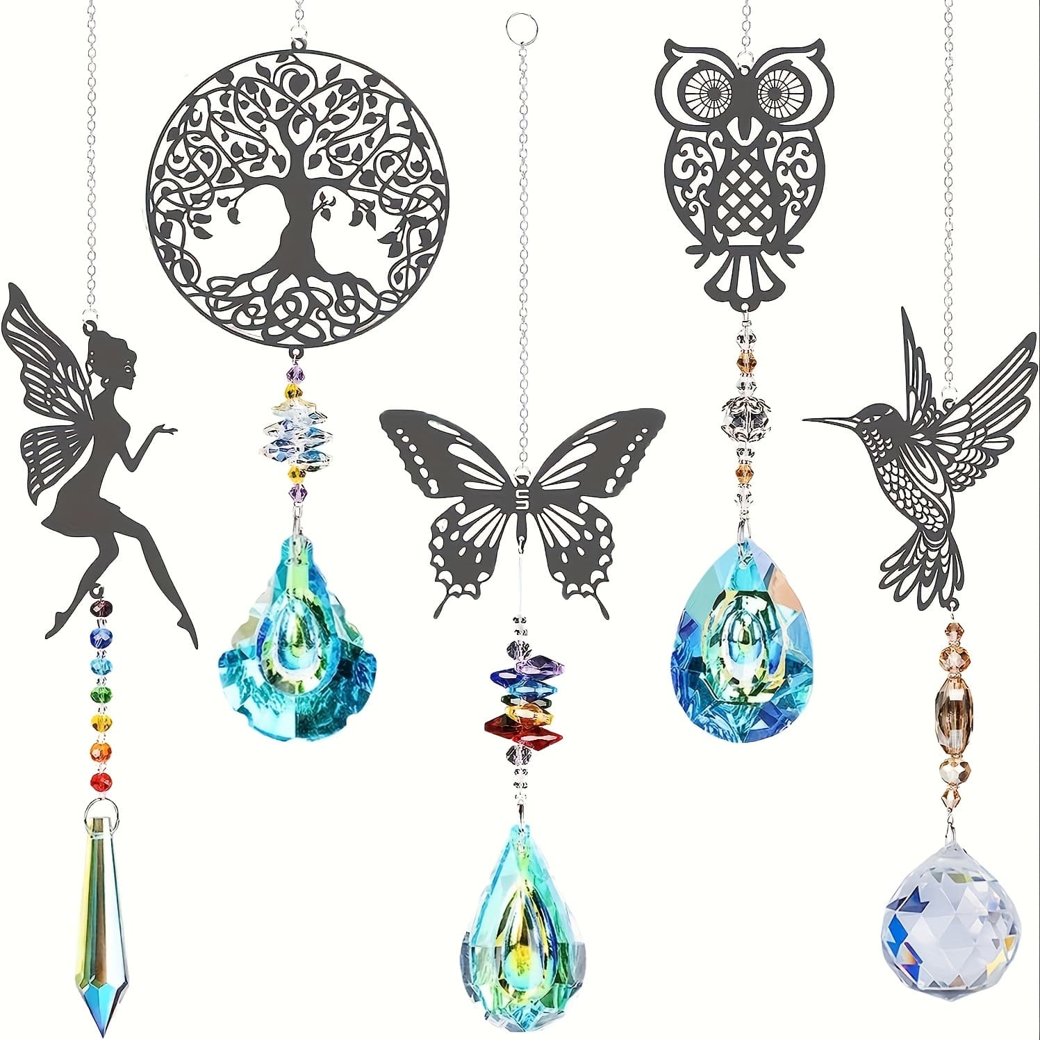 TEMU "sparkling" 5pcs Crystal Suncatcher Set With Prism - Owl, Hummingbird & Designs For Window Decor - Indoor Ornaments, Gift