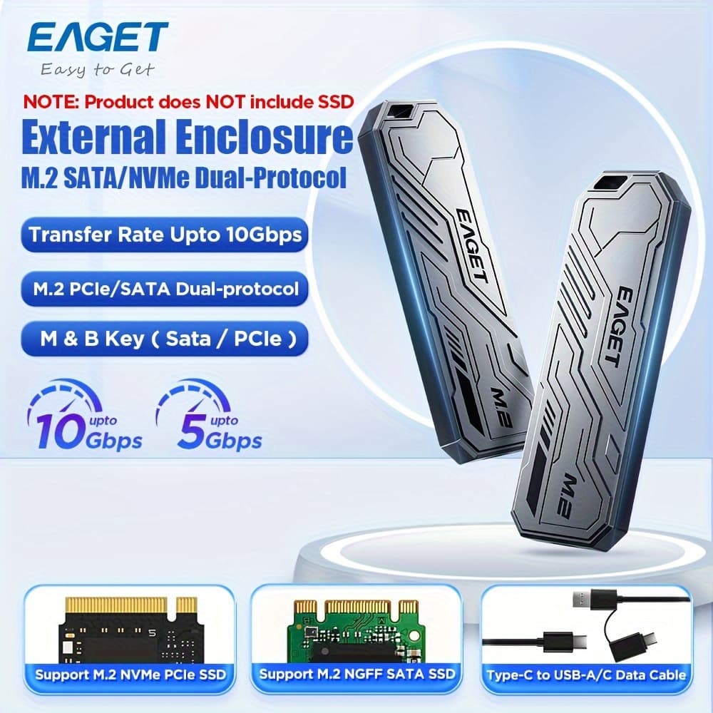 TEMU Eaget Se910d External M.2 Sata/nvme Ssd Enclosure Adapter, Portable Usb C+type-c Adapter, Nvme Pcie/sata Solid State Drive Metal External Case For Ssd Sizes 2230/2242/2260/2280 (ssd Not Included)