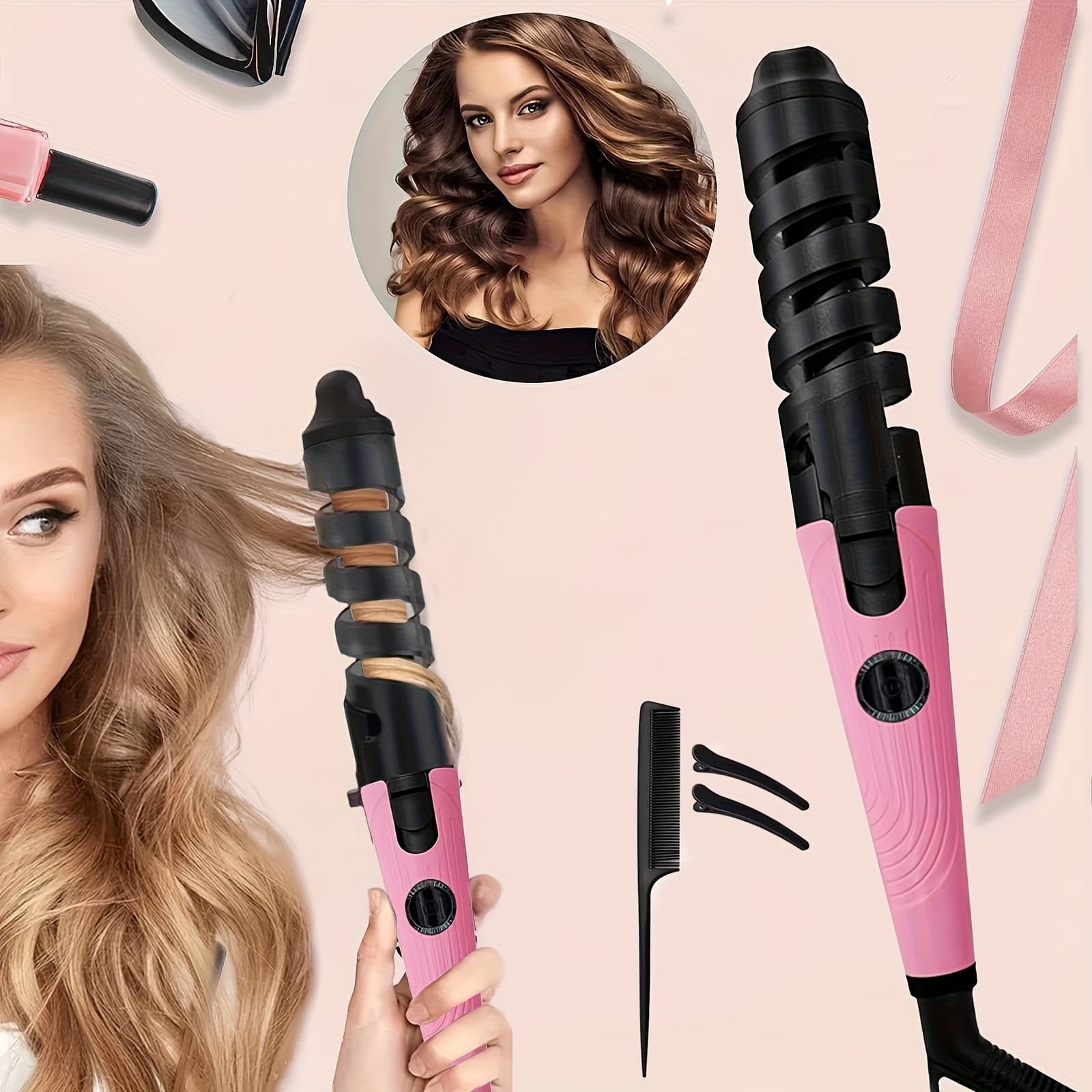 TEMU Professional Automatic Spiral Curling Iron, Ceramic Automatic Curling Iron, Anti- And Easy To Operate, Hair Styling, Hair Tools, Birthday Christmas Gift (includes: 1 Comb And 2 Hair Clips)
