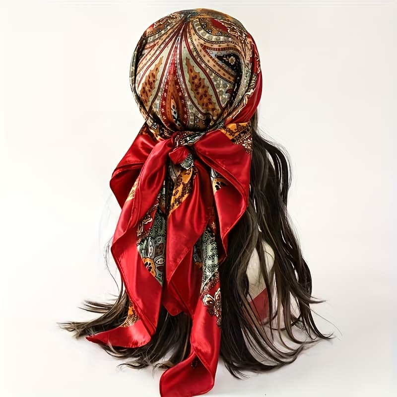 TEMU Large Red Bohemian Square Scarf - Elegant Non-stretch Suitable For Casual Outfits, Weddings & Parties - Hair Cover & Fashion Accessory