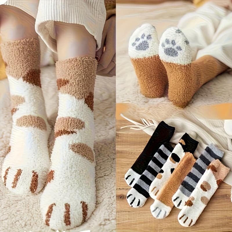 TEMU Random 3 Pairs Autumn And Winter 3 Pairs Of Women's Cat Paw Pattern Thick Warm Socks, Comfortable And Breathable, Coral Stripe Cute Design Floor Socks, Suitable For Cold Weather